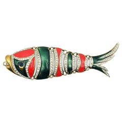 Vintage D'Orlan Enamel & Crystal Ornate Articulated Fish Pendant 1970s