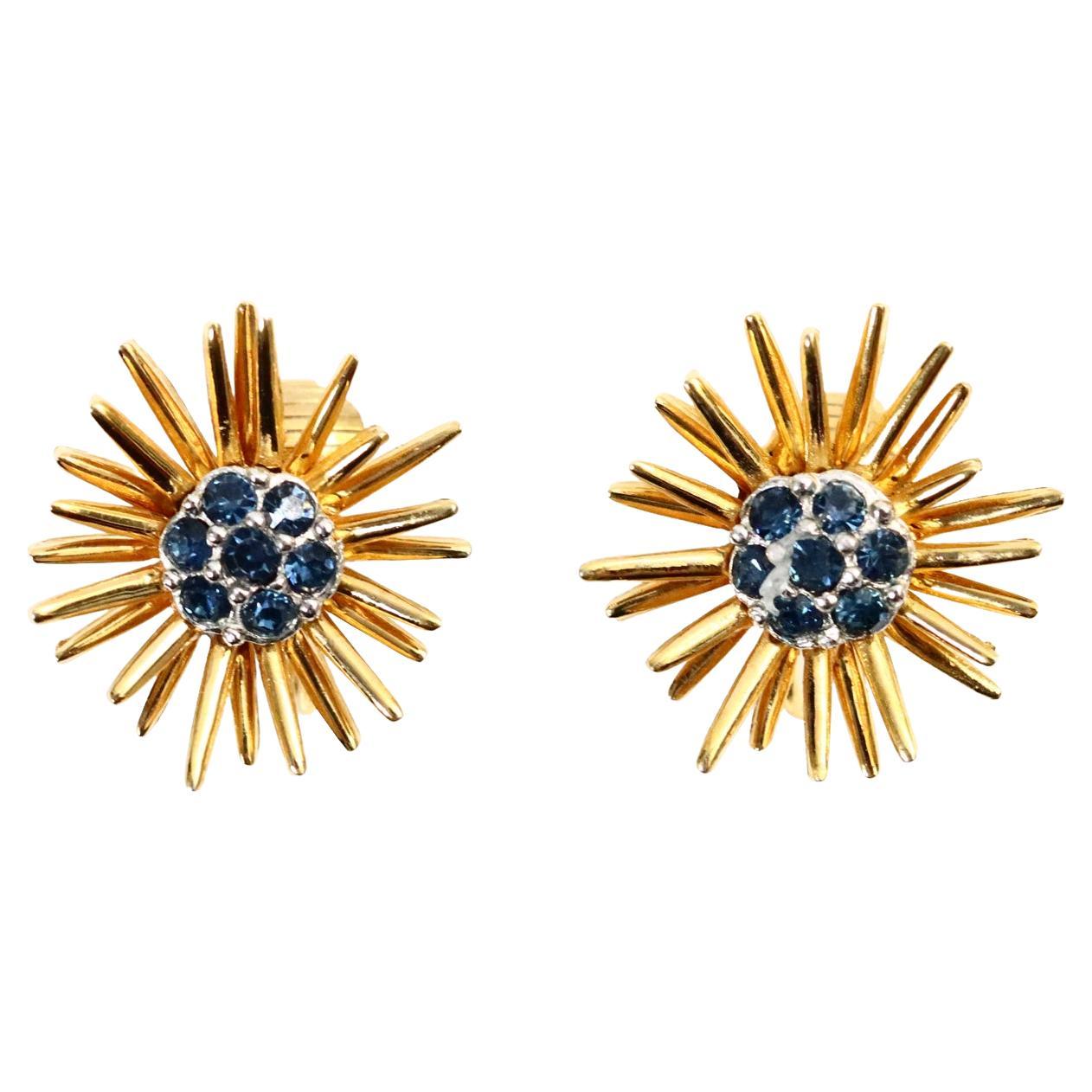 Vintage D'orlan Gold Starburst with Blue Diamante Earrings Circa 1980s