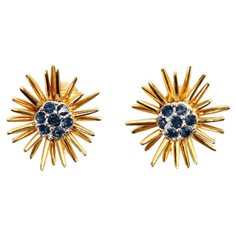 Vintage D'orlan Gold Starburst with Blue Diamante Earrings, circa 1980s For Sale