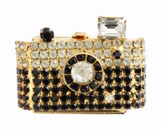 Vintage Dorothy Bauer Brooch Pin Embellished Camera Locket Rhinestones 1980s
