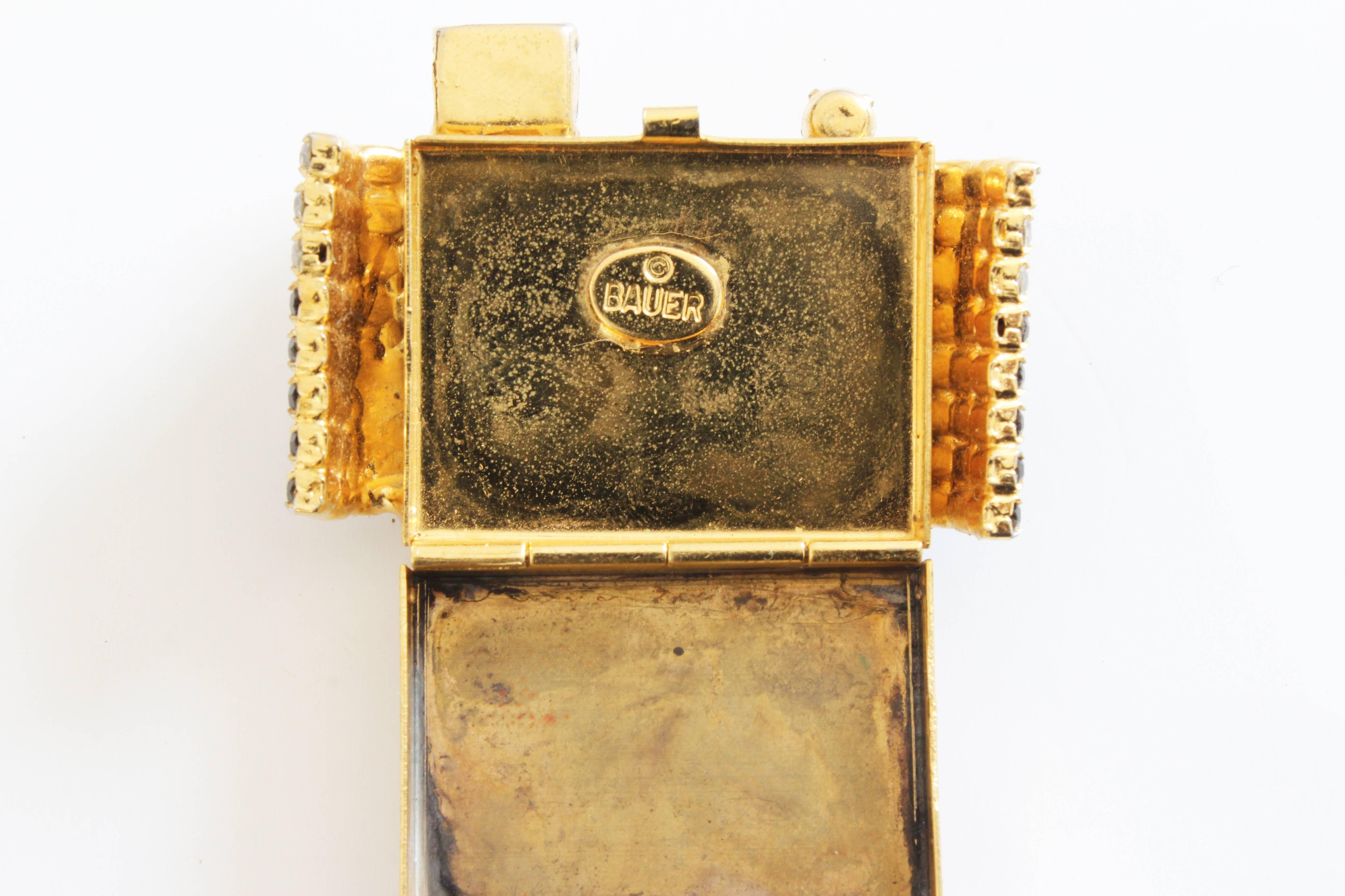 Artisan Vintage Dorothy Bauer Brooch Pin Embellished Camera Locket Rhinestones 1980s
