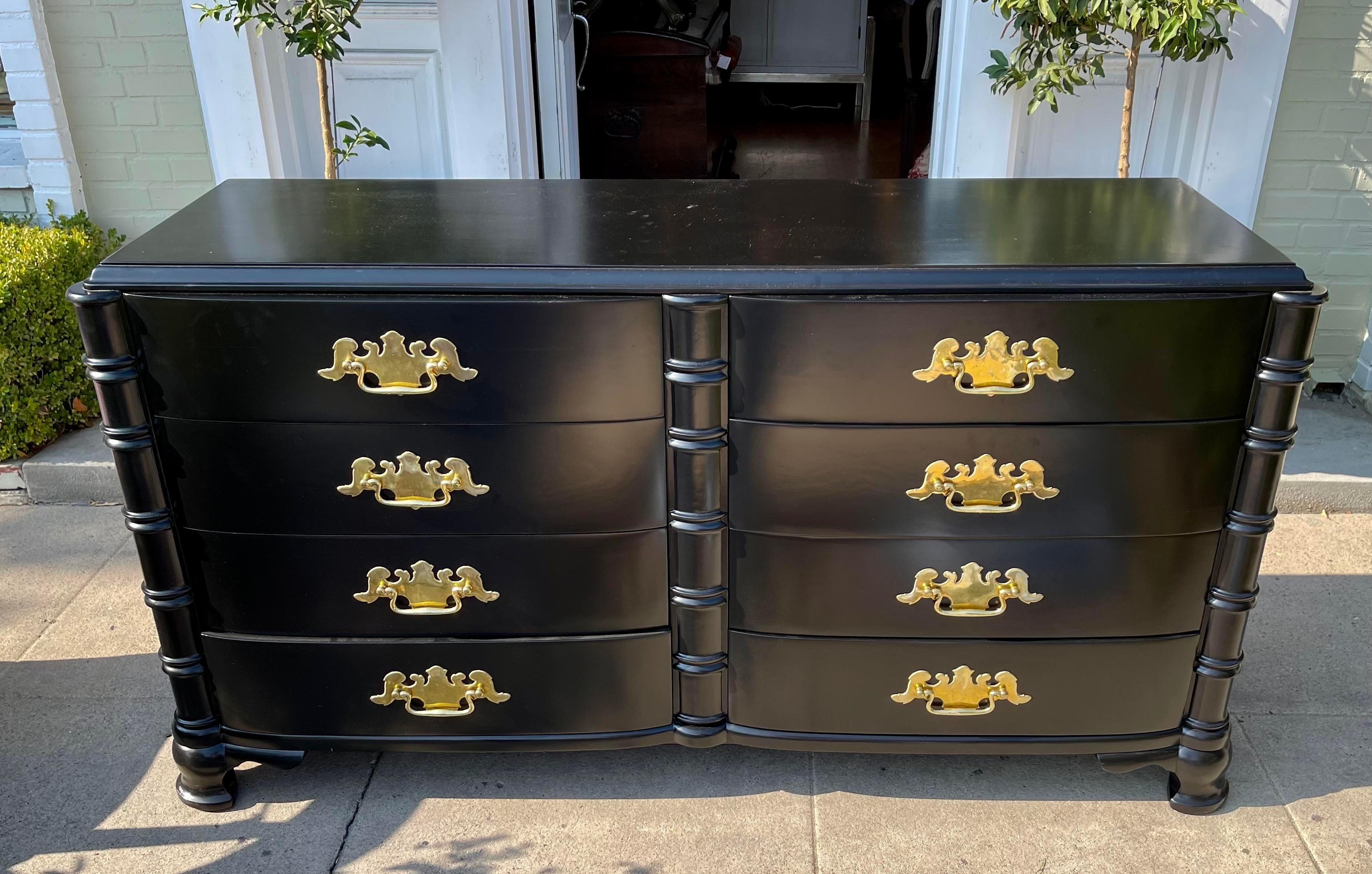 Vintage Dorothy Draper black & gold Hollywood Regency chest of drawers. Bares original Dorothy Draper tag. Beautifully restored with Kelly green interior.