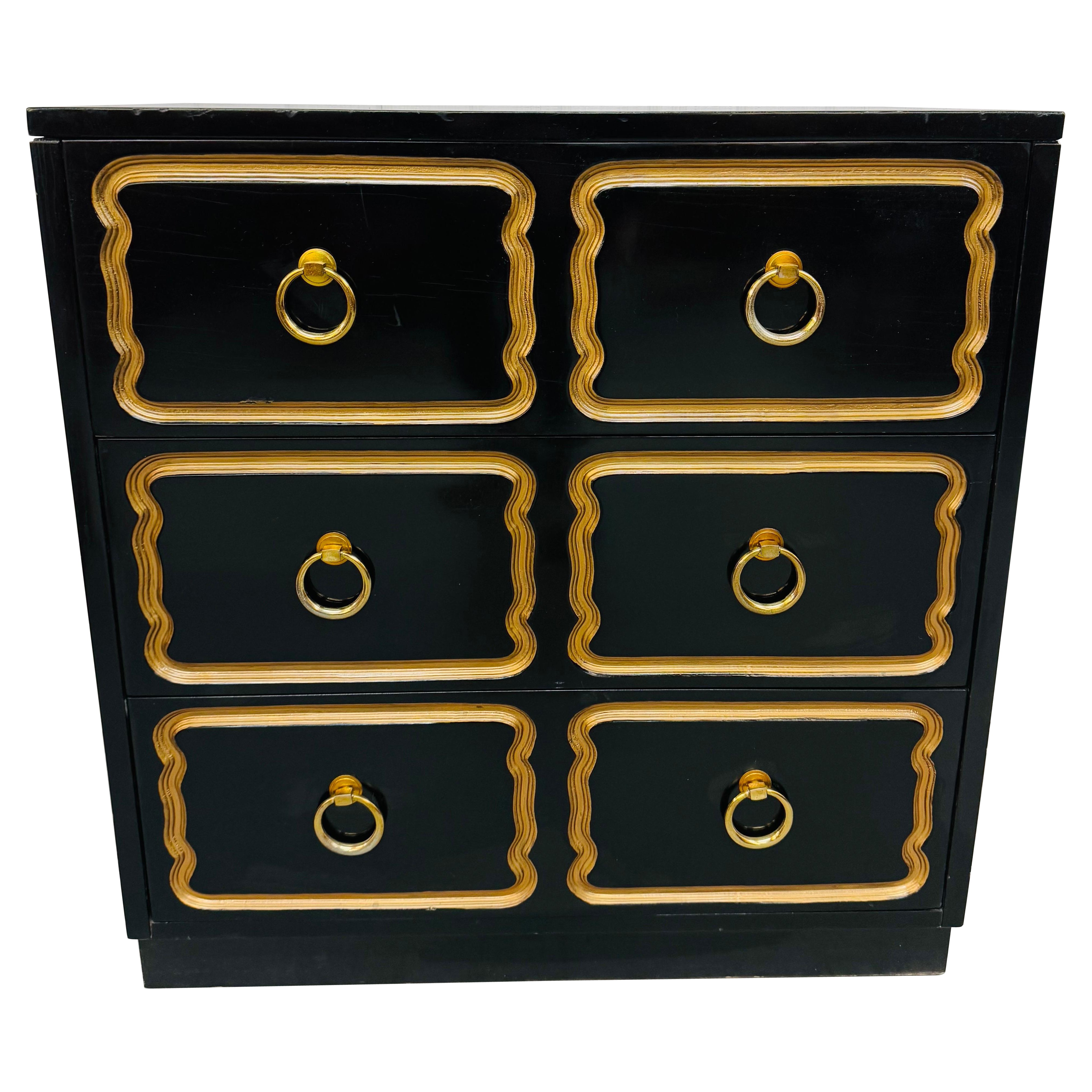Vintage Dorothy Draper Style Black Lacquered Bachelor Chest