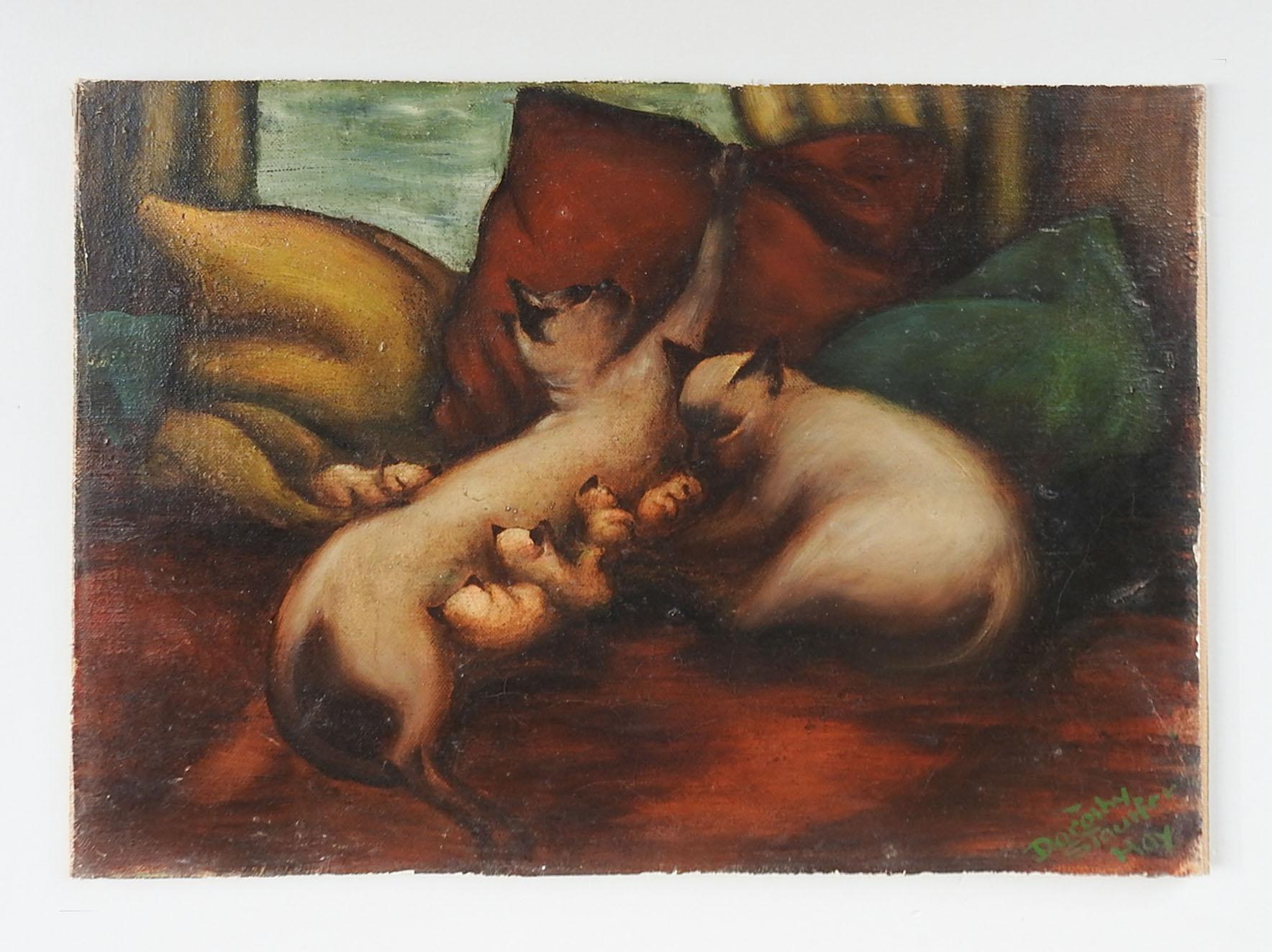 Mid-Century Modern Vintage Dorothy Stauffer Hay Siamese Cats Painting For Sale