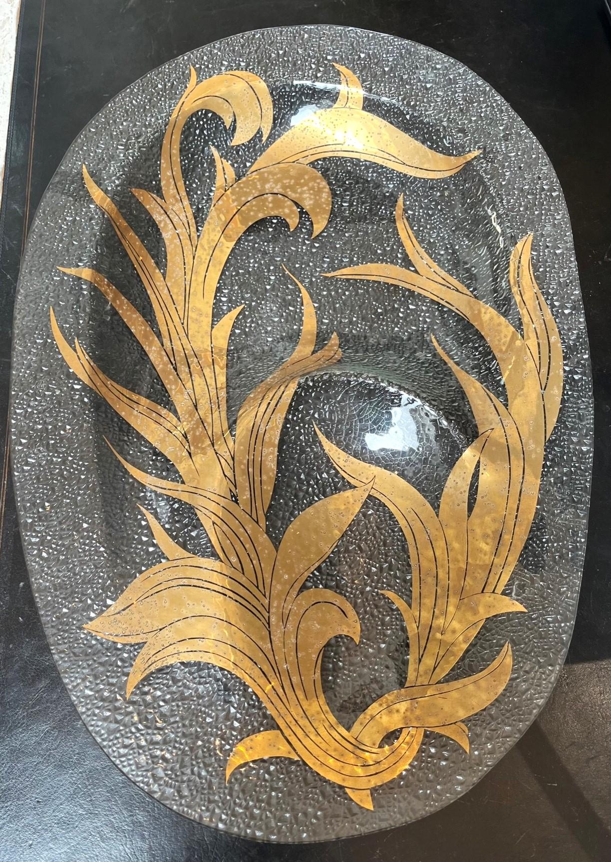 Vintage Dorothy Thorpe Gold Scroll Textured Glass Tray For Sale 2