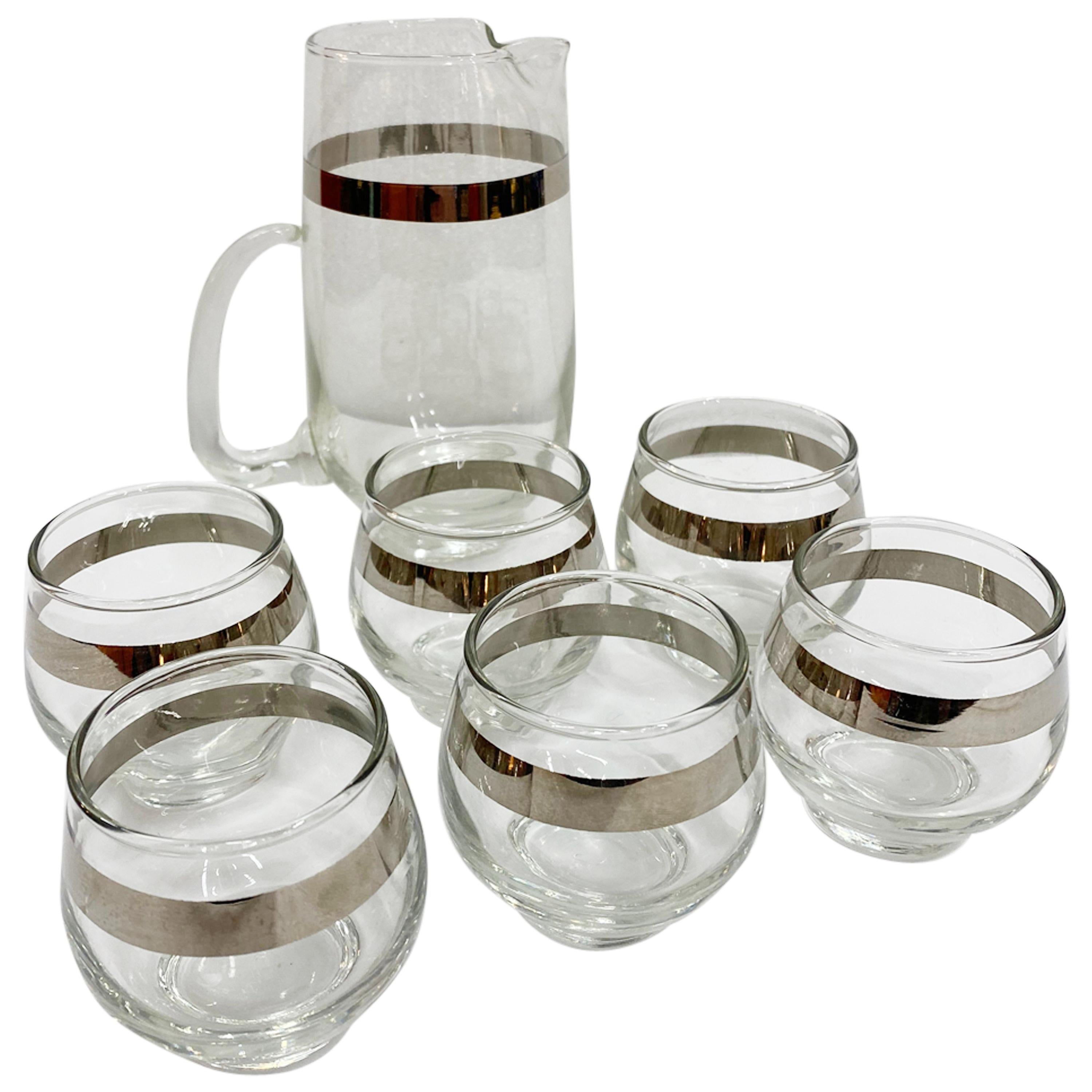 Dorothy Thorpe Libby Glass Martini Set with Silver Overlay, Mid-Century Modern