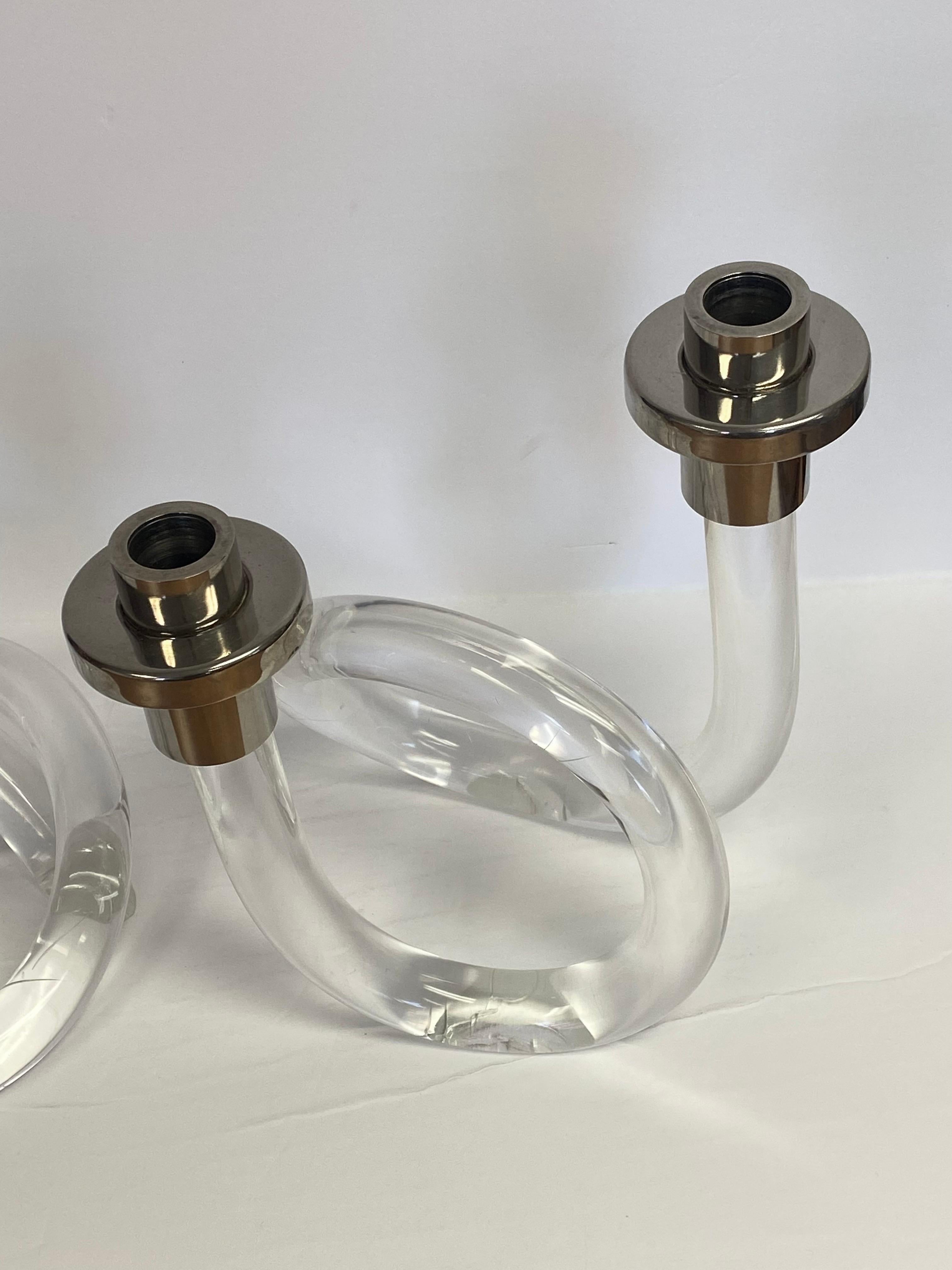 Stainless Steel Vintage Dorothy Thorpe Lucite Candlesticks, a Pair For Sale