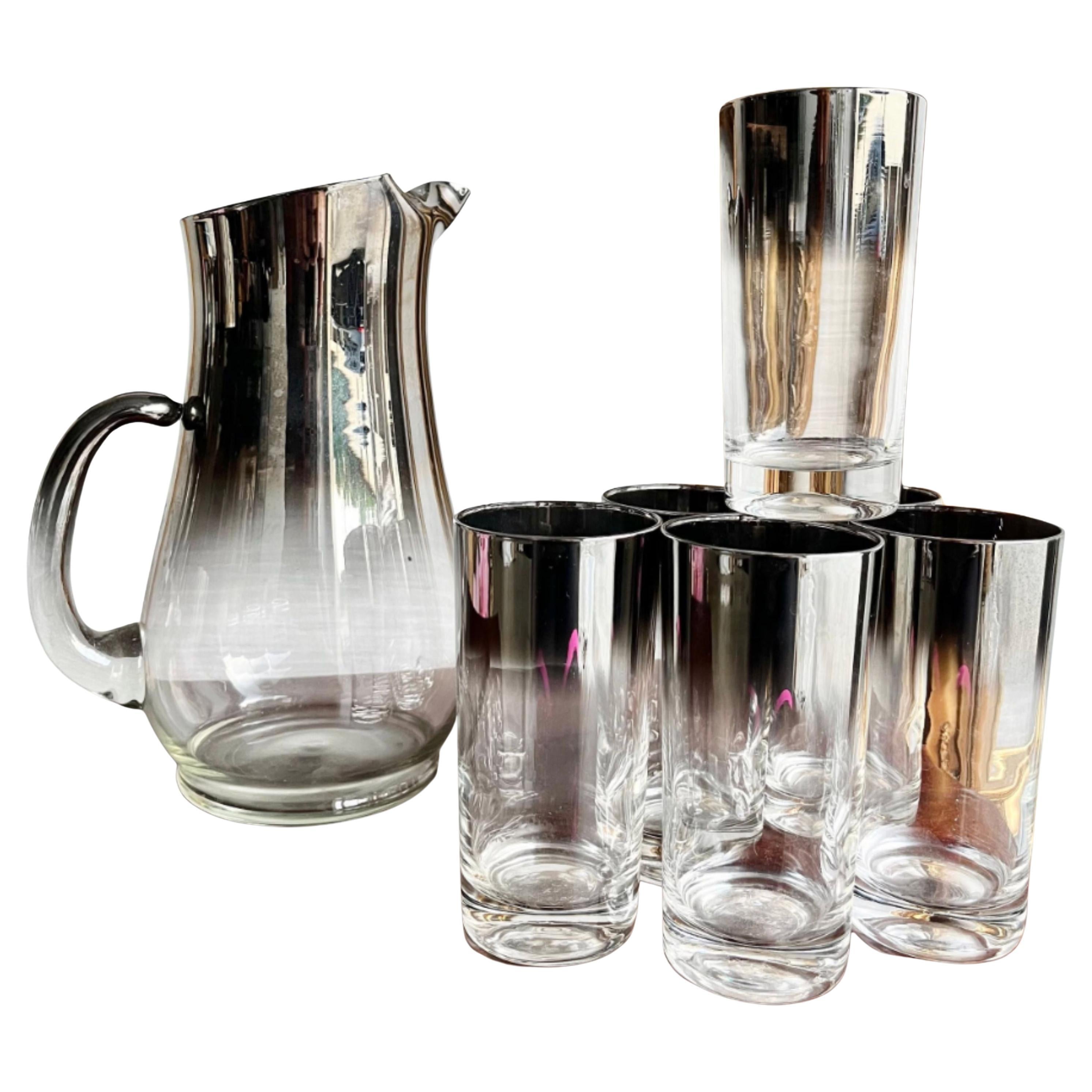 Vintage Dorothy Thorpe Mid Century Silver Fade Pitcher & Six Highball Glasses