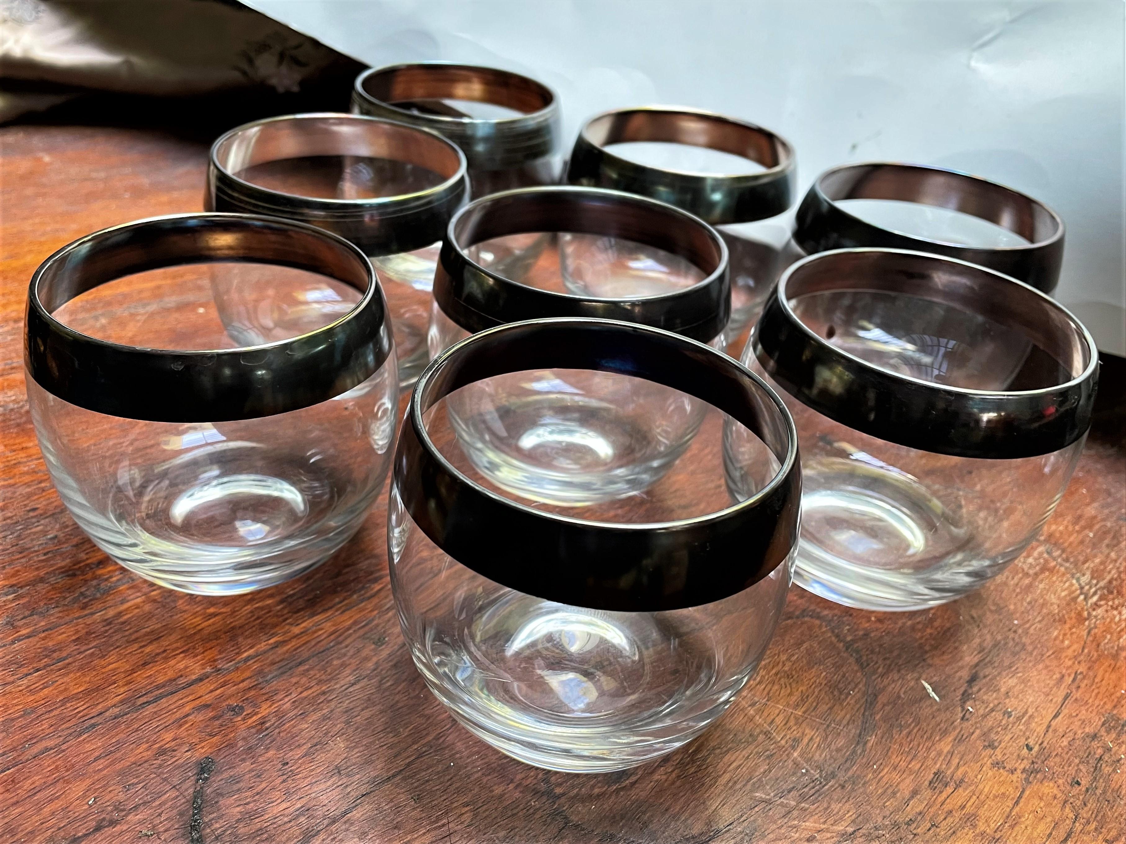 Mid-Century Modern Vintage Dorothy Thorpe Roly-Poly Sterling Silver Overlay Band Cocktail Glasses- 