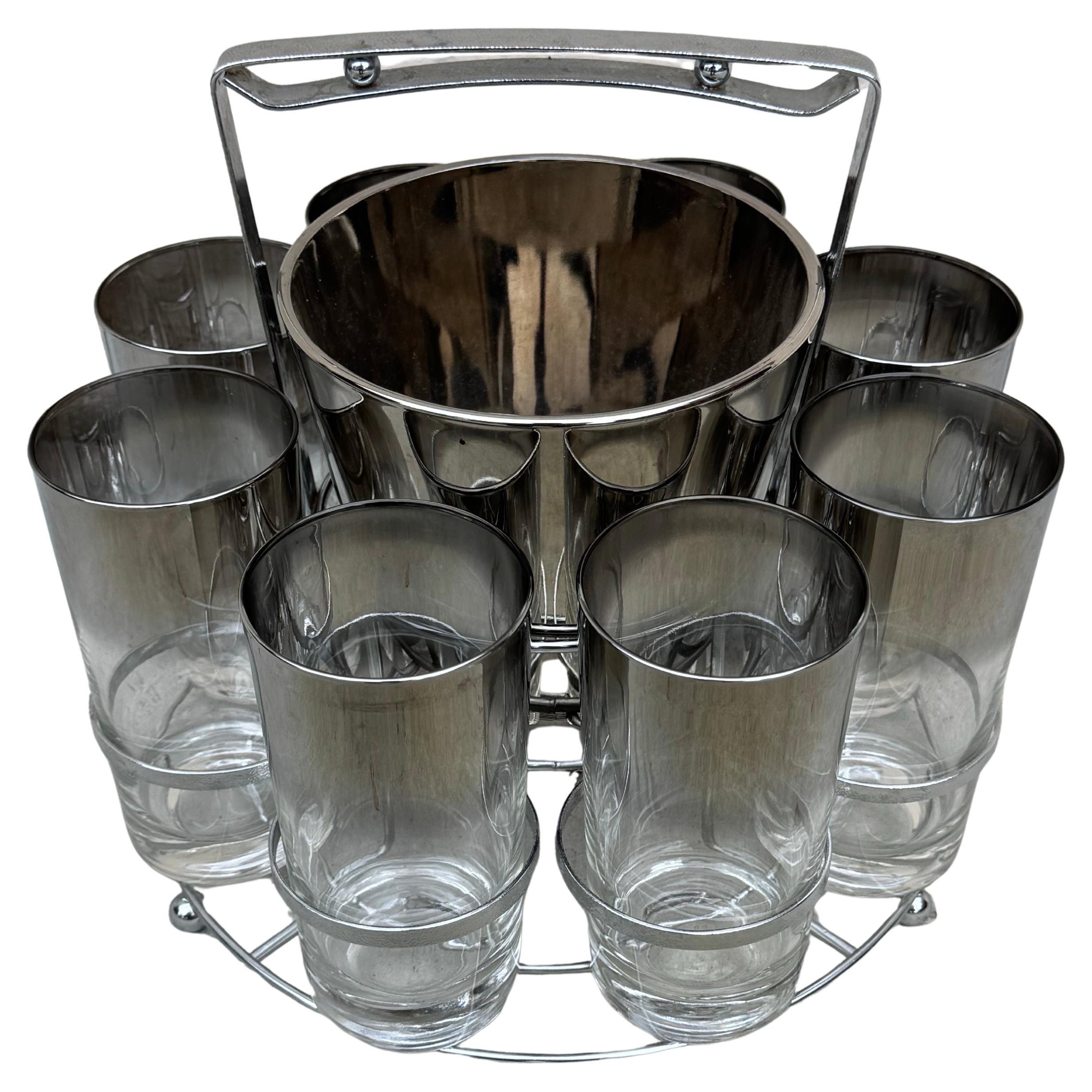 Vintage Dorothy Thorpe Style Barware, Highball Glasses And Ice Bucket In Caddy