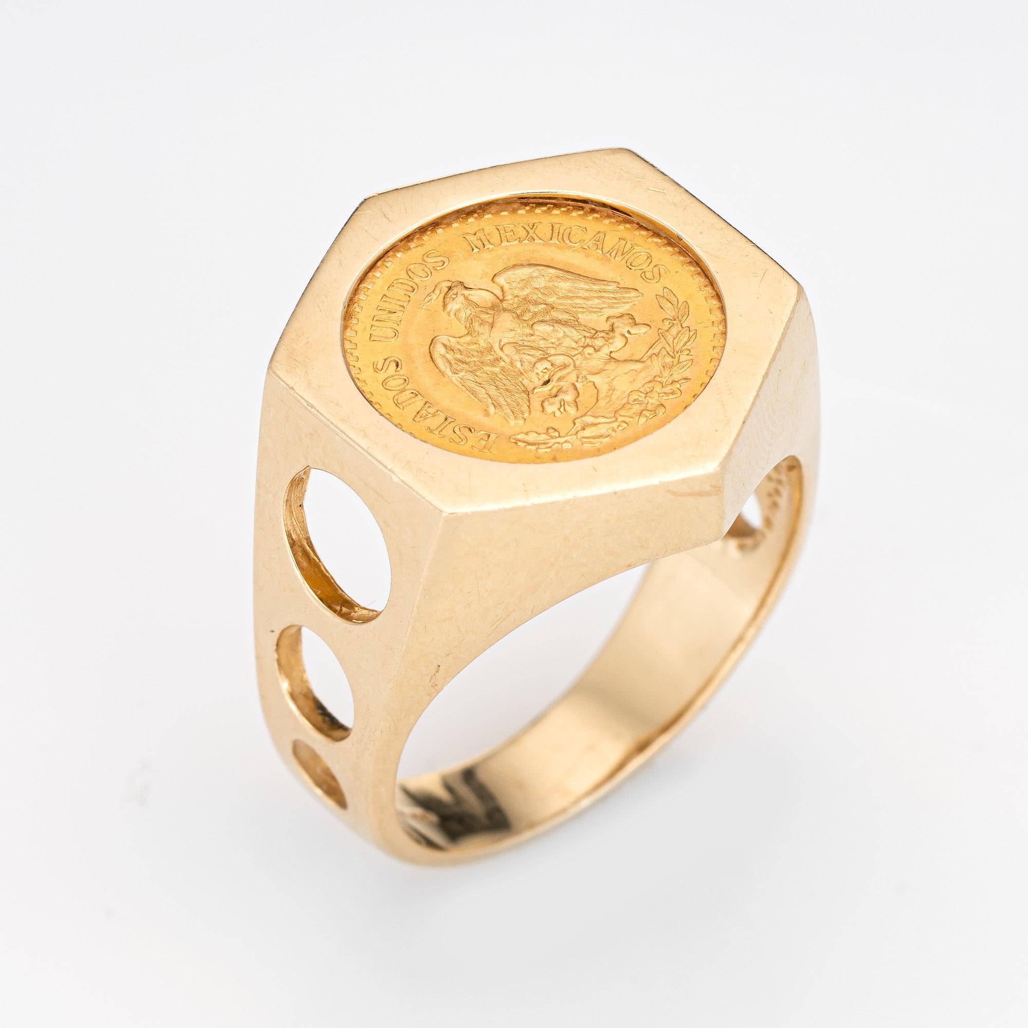 Stylish vintage Dos Pesos 1945 coin ring (circa 1970s) crafted in 14 karat yellow gold. 

The Dos Pesos coin is set into a stylish hexagonal mount. The medium rise ring (5mm - 0.19 inches) sits comfortably on the finger. The 1945 2.50 Dos Y Medio