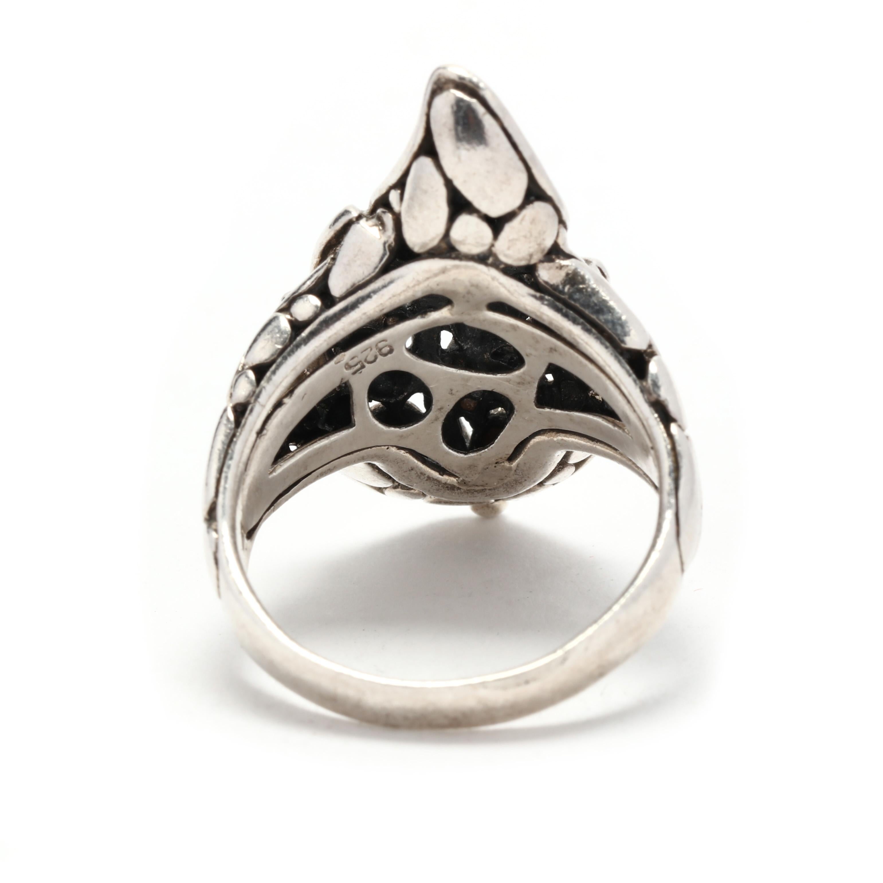 Women's or Men's Vintage Dot Leaf Motif Statement Ring, Sterling Silver, Ring, Long Silver For Sale