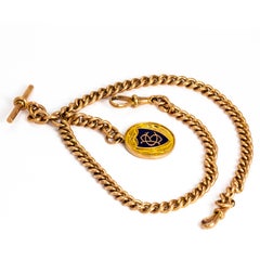 Vintage Double Albert Chain with T-Bar and Blue Enamel Medal