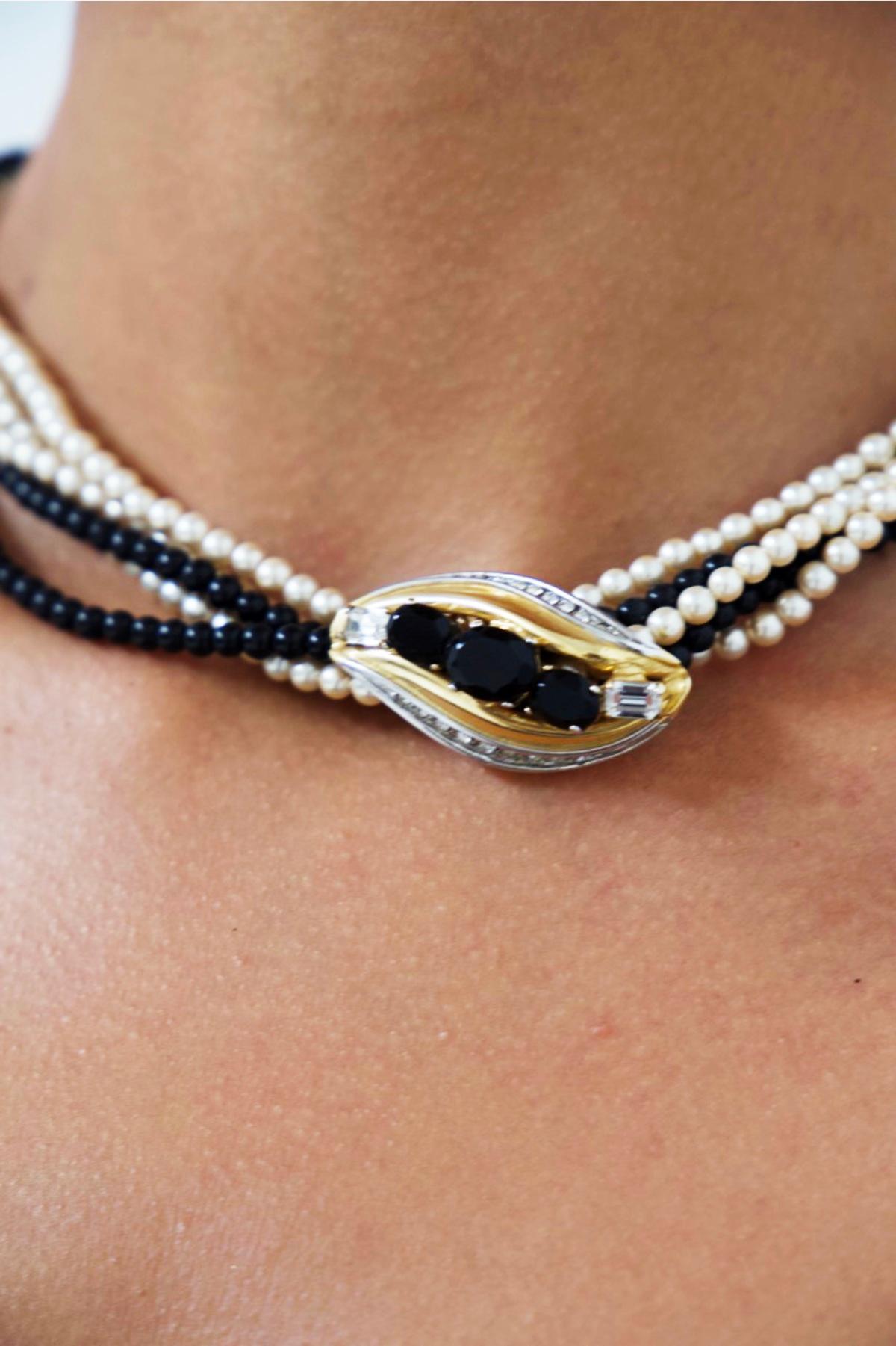 Perle Collier vintage à double perle noire et blanche en vente