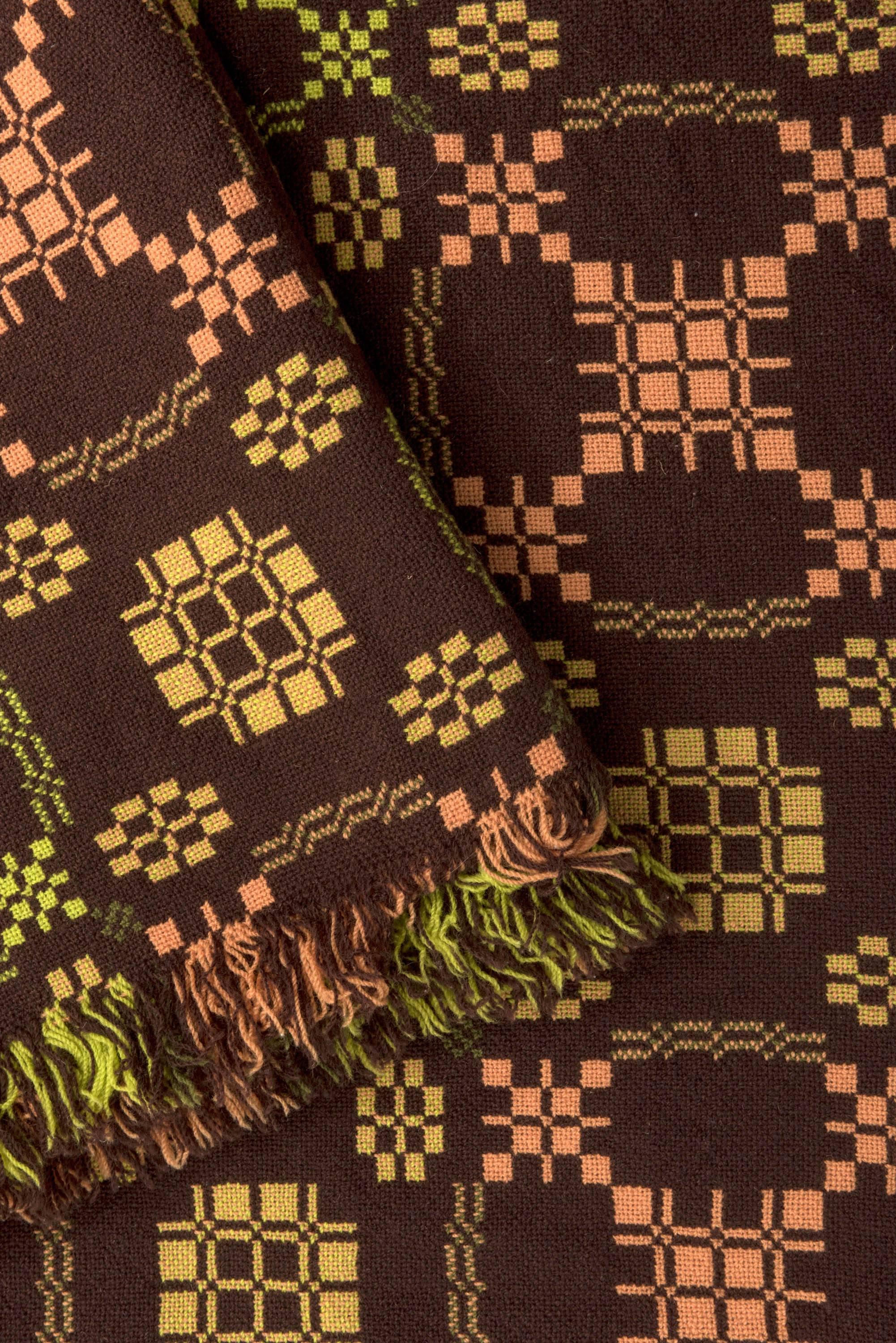 A vintage Welsh double blanket.
Lime, chocolate, orange and peony.
Meirion Mill
circa 1960
Measures: 94 cm x 88 cm x 0.2 cm.
 