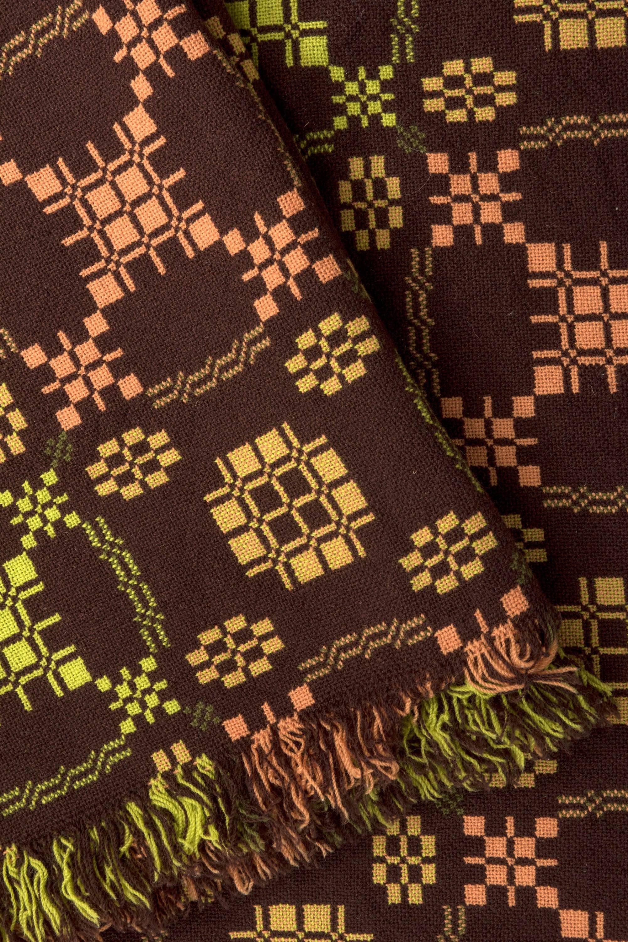 Welsh Vintage Double Blanket Lime, Chocolate, Orange and Peony, Wales circa 1960