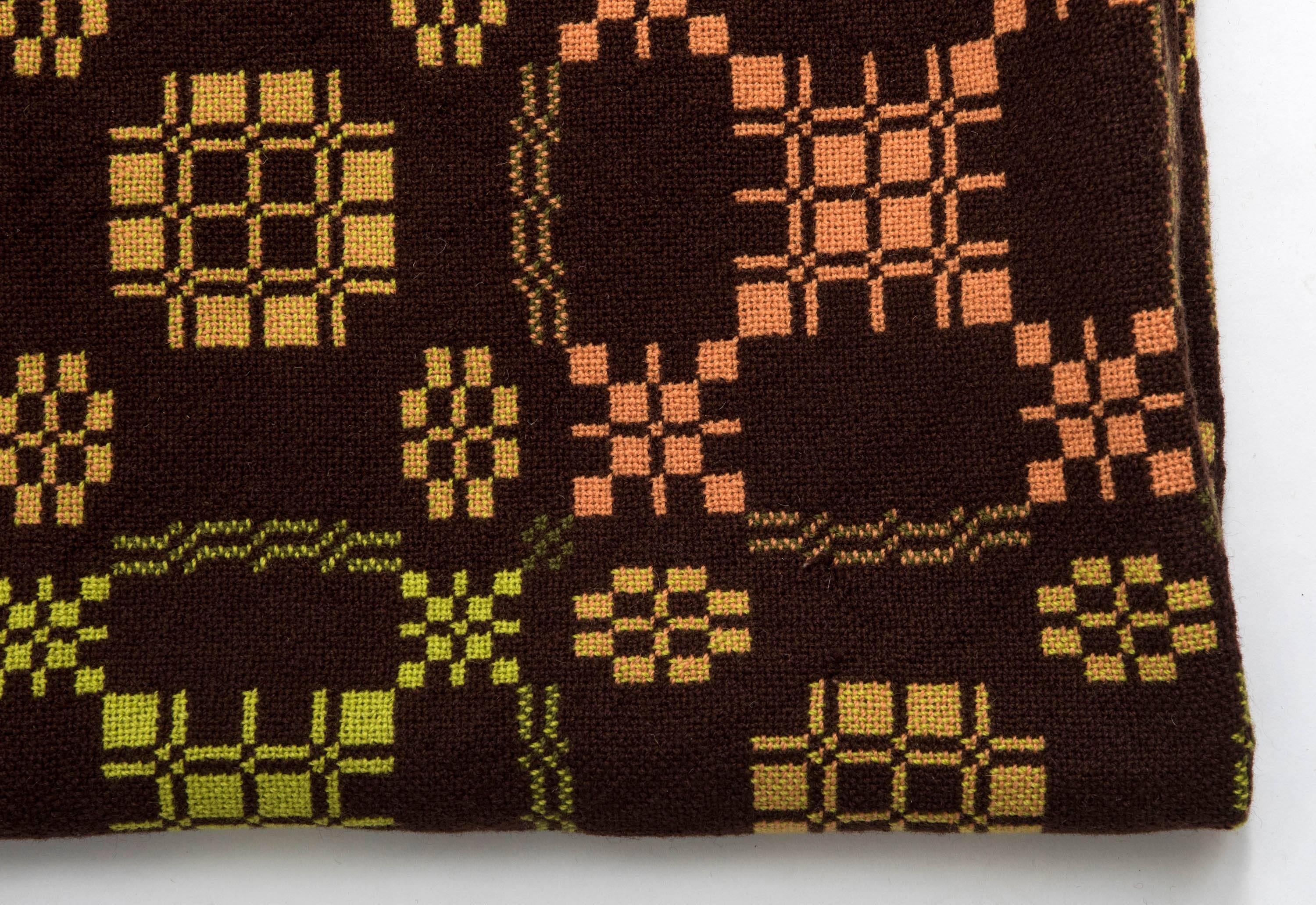 Mid-20th Century Vintage Double Blanket Lime, Chocolate, Orange and Peony, Wales circa 1960