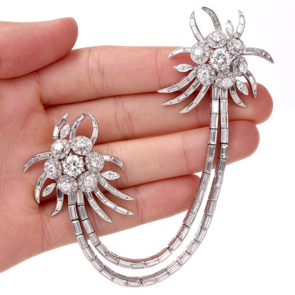 Round Cut Vintage Double Clip GIA 17.39 Carat Diamond Platinum Double-Clip Brooch Pin