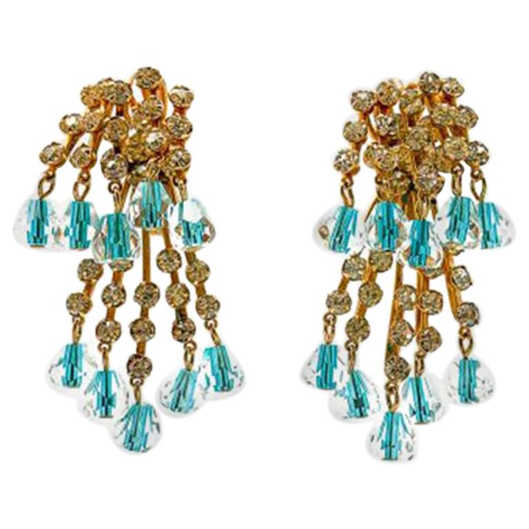 Vintage Double Crystal & Art Glass Cascade Earrings 1950s For Sale
