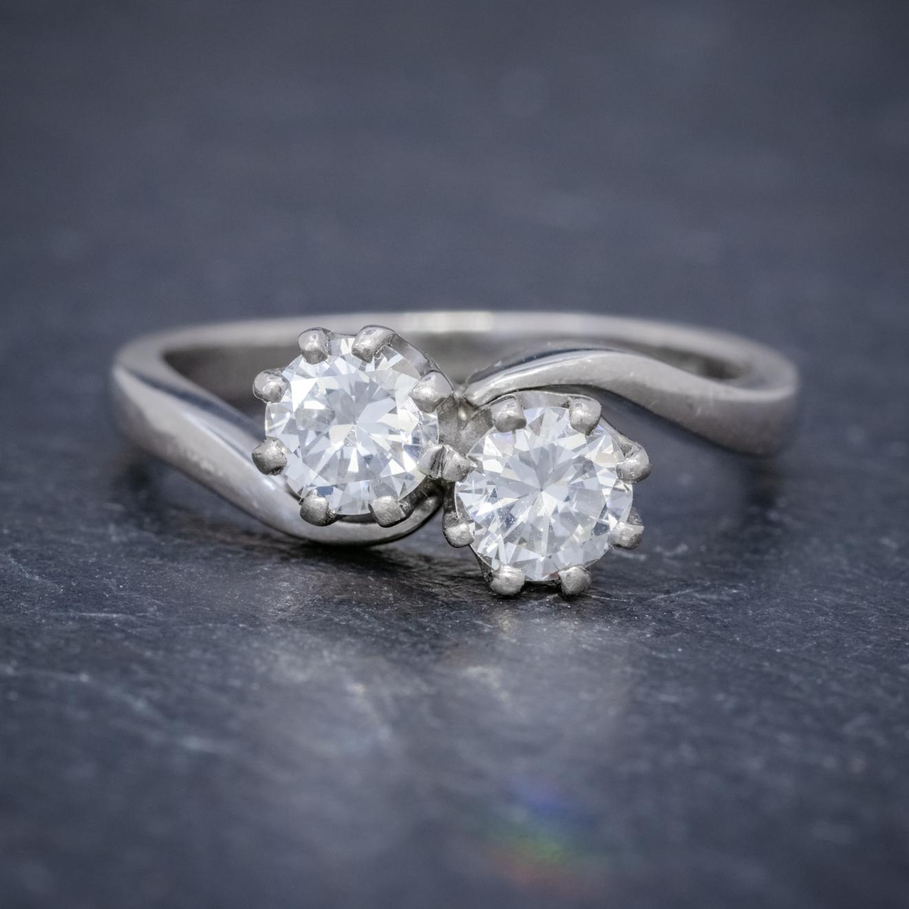 Edwardian Vintage Double Diamond Ring 18 Carat White Gold 1.20 Carat of Diamond For Sale