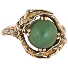 Vintage Double Dragon Ring 14 Karat Yellow Gold Green Jade Estate Fine Jewelry