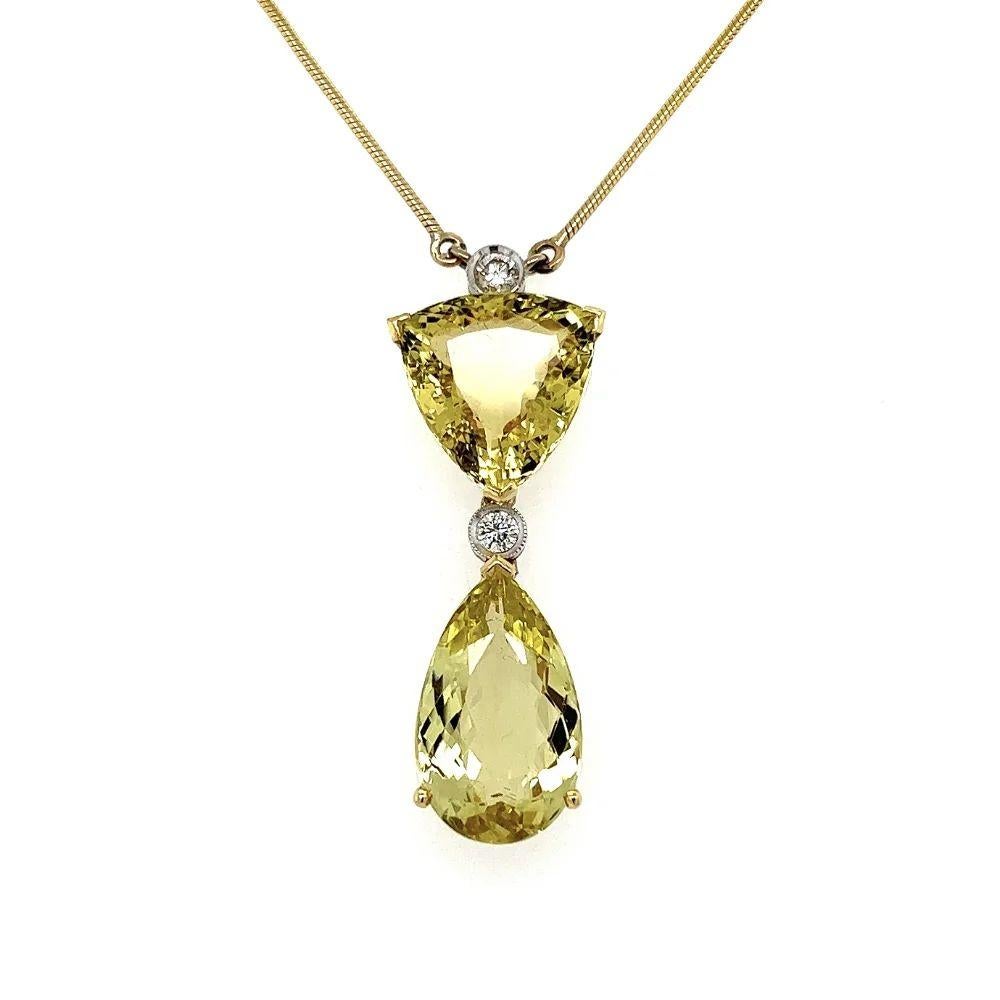 Modern Vintage Double Drop Yellow Beryl and Diamond Gold Necklace For Sale