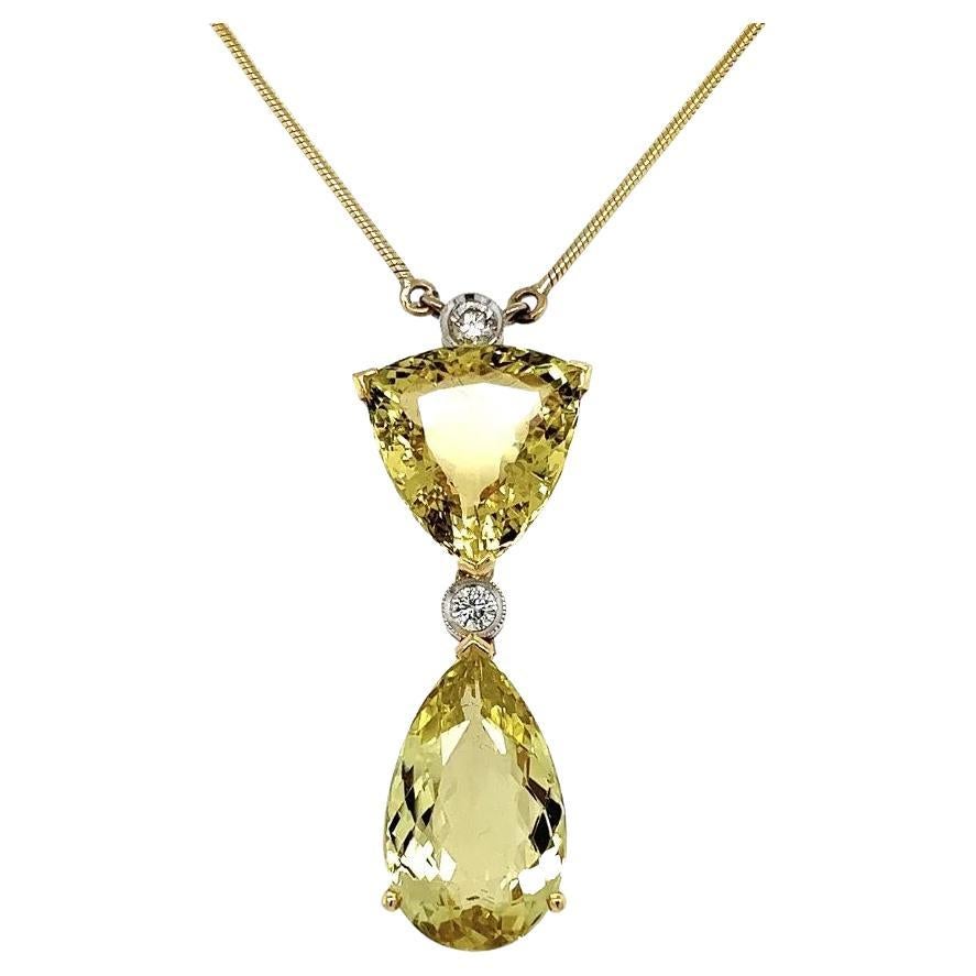 Collier vintage à double goutte en or, béryl jaune et diamants en vente