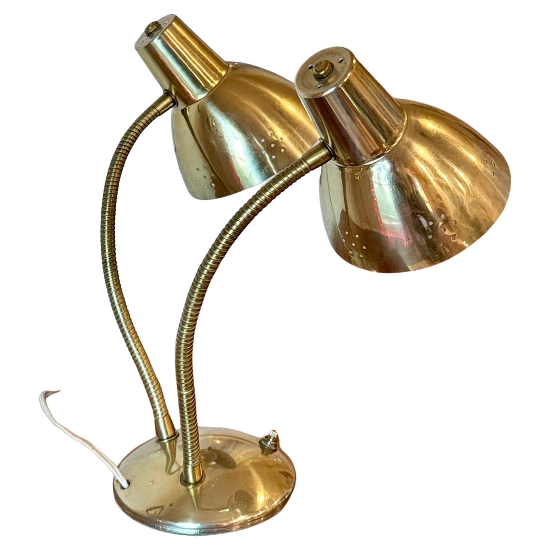 Vintage double gooseneck brass desk with 3 way light circa 1960s For Sale