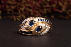 Vintage Double Headed 18k Gold Sapphire and Diamond Snake Ring