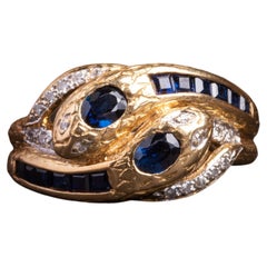 Vintage Double Headed 18k Gold Sapphire and Diamond Snake Ring