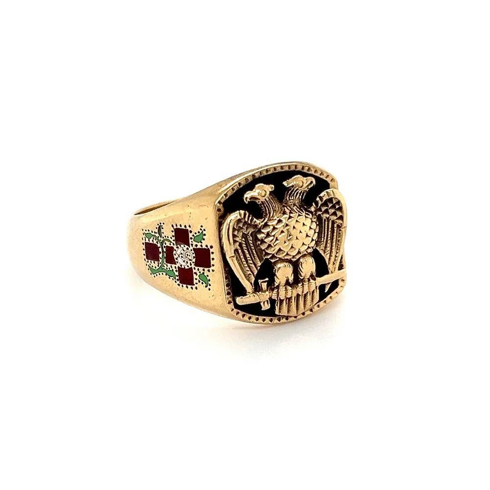 Handsome Fine Quality Gent’s Vintage Double Headed Eagle on Onyx and Cross Masonic Cigar Gold Band Ring. Hand crafted 14K Yellow Gold. Ring size 8, we offer ring resizing. More Beautiful in Real time! Sure to be admired. For that Special