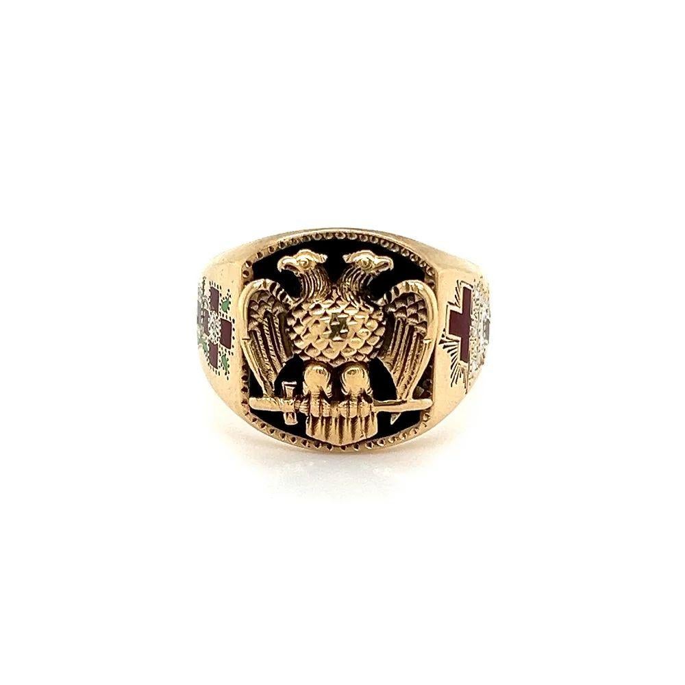 Modernist Vintage Double Headed Eagle on Onyx Enamel Cross Masonic Cigar Gold Band Ring  For Sale
