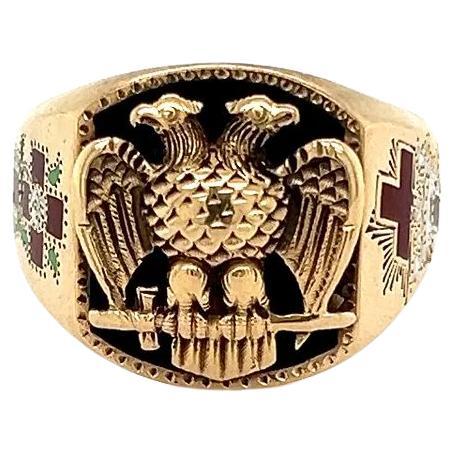 Vintage Double Headed Eagle on Onyx Enamel Cross Masonic Cigar Gold Band Ring  For Sale