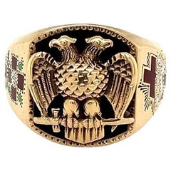 Used Double Headed Eagle on Onyx Enamel Cross Masonic Cigar Gold Band Ring 