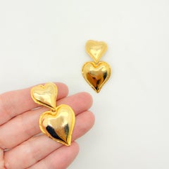 Vintage Gold Plated Double Heart Drop Earrings, 1990s Clip-On Style