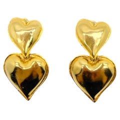 Vintage Gold Plated Double Heart Drop Earrings, 1990s Clip-On Style