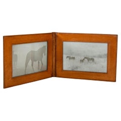 Vintage Double Landscape Picture Frame Brown Saddle Leather Ralph Lauren Style