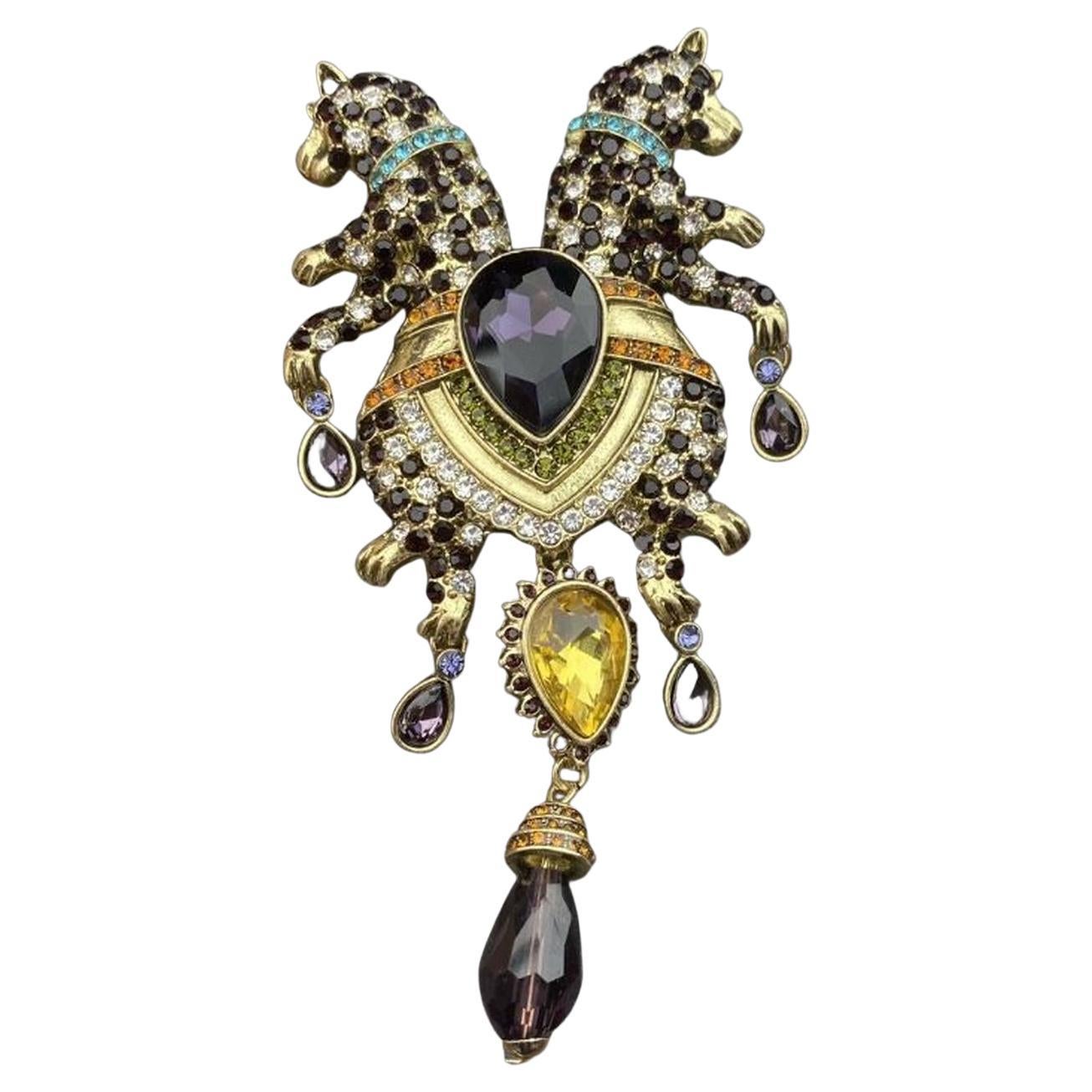 Vintage Double Leopard Crystal Signed Heidi Daus Designer Brooch Pin For Sale