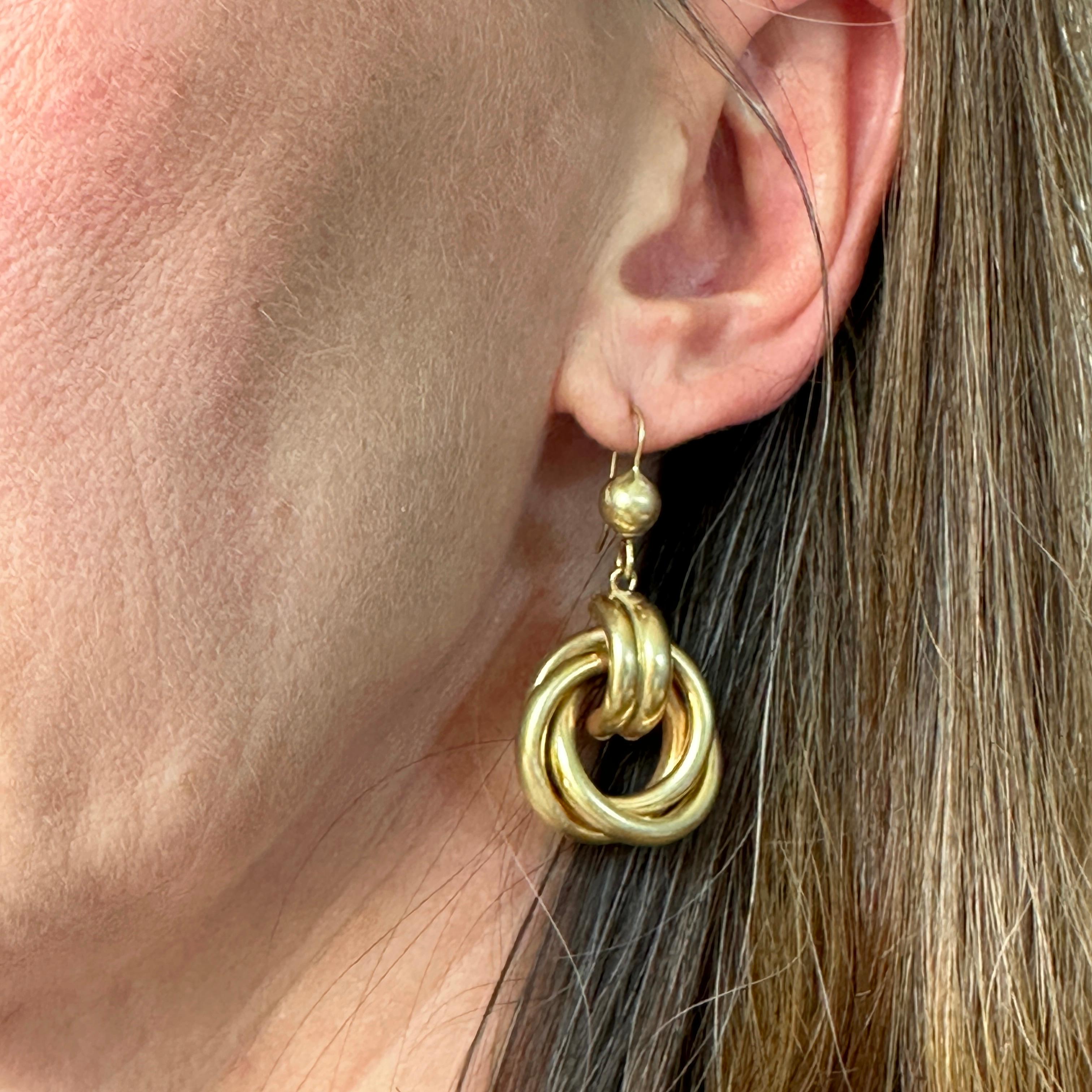 Vintage Double Loop 9K Yellow Gold Earrings For Sale 5