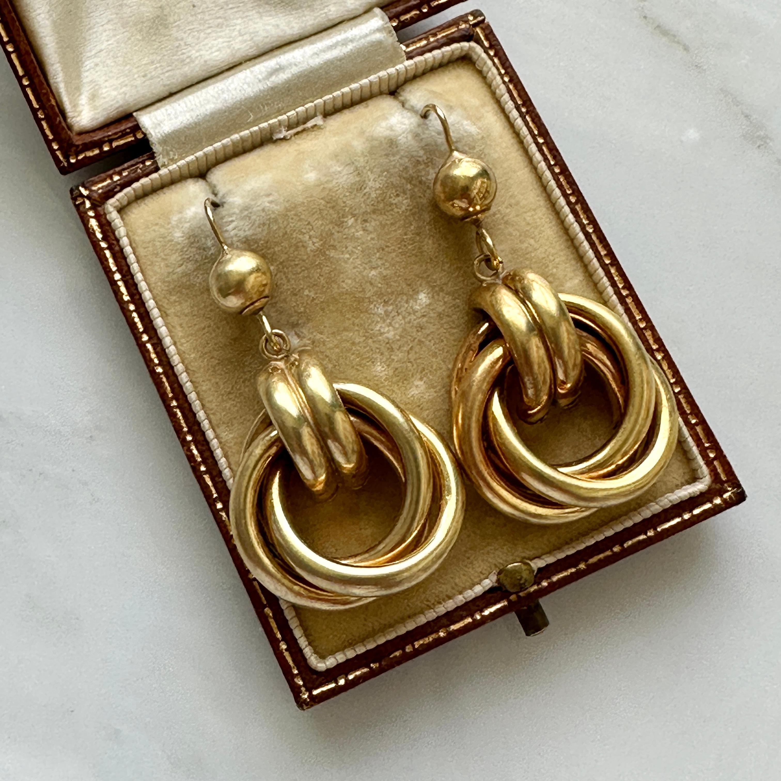 Vintage Double Loop 9K Yellow Gold Earrings For Sale 9