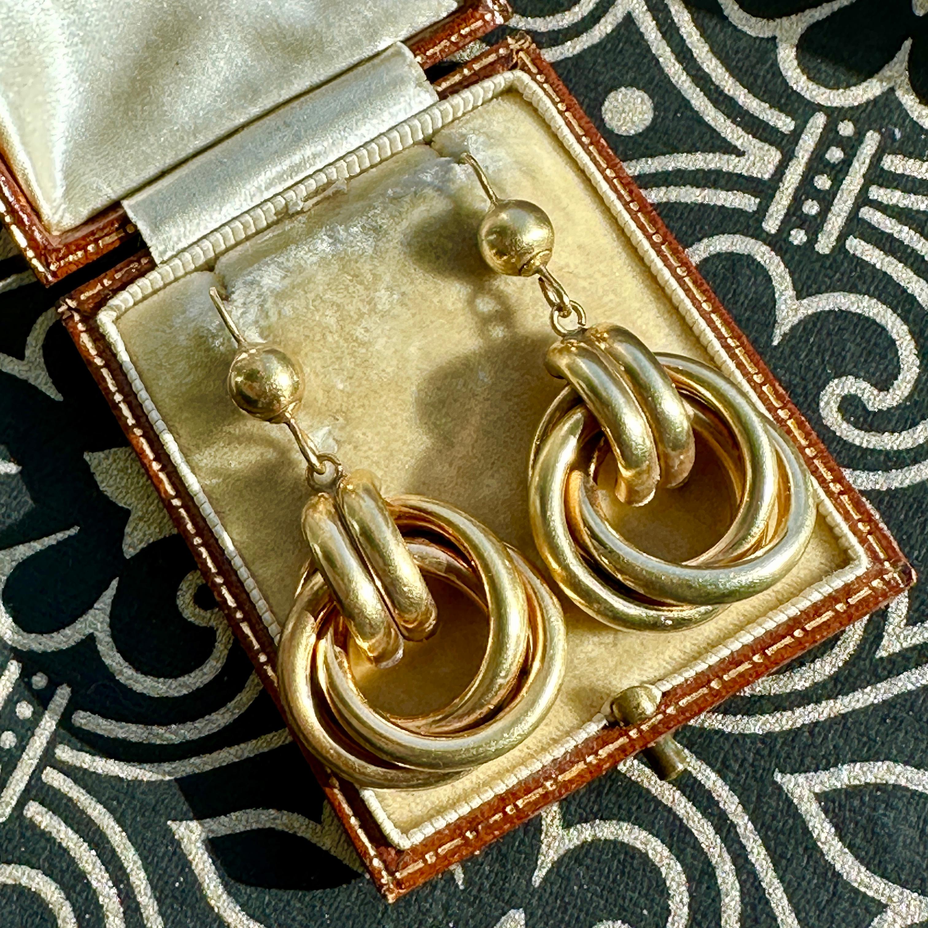 Vintage Double Loop 9K Yellow Gold Earrings For Sale 12
