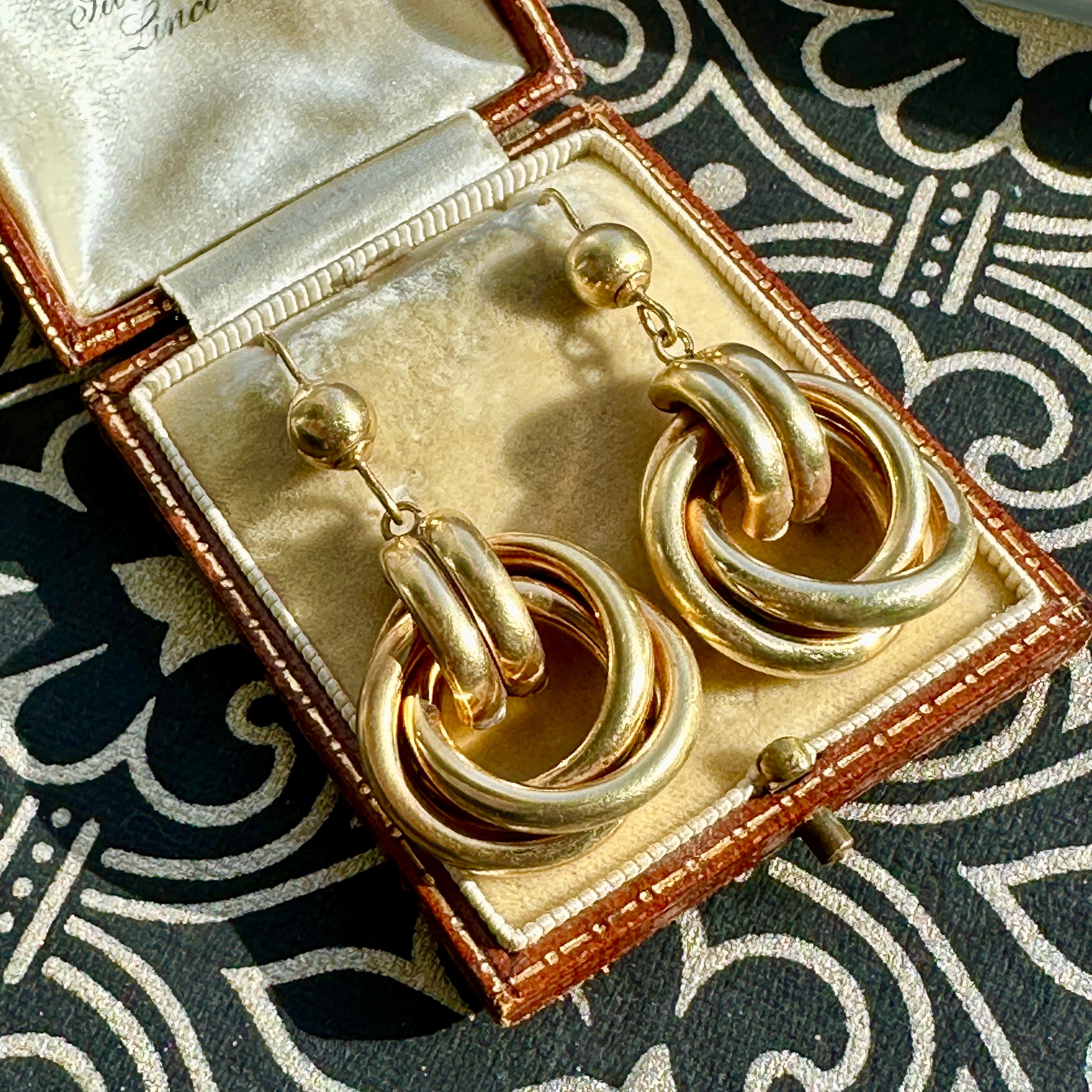 Vintage Double Loop 9K Yellow Gold Earrings For Sale 13