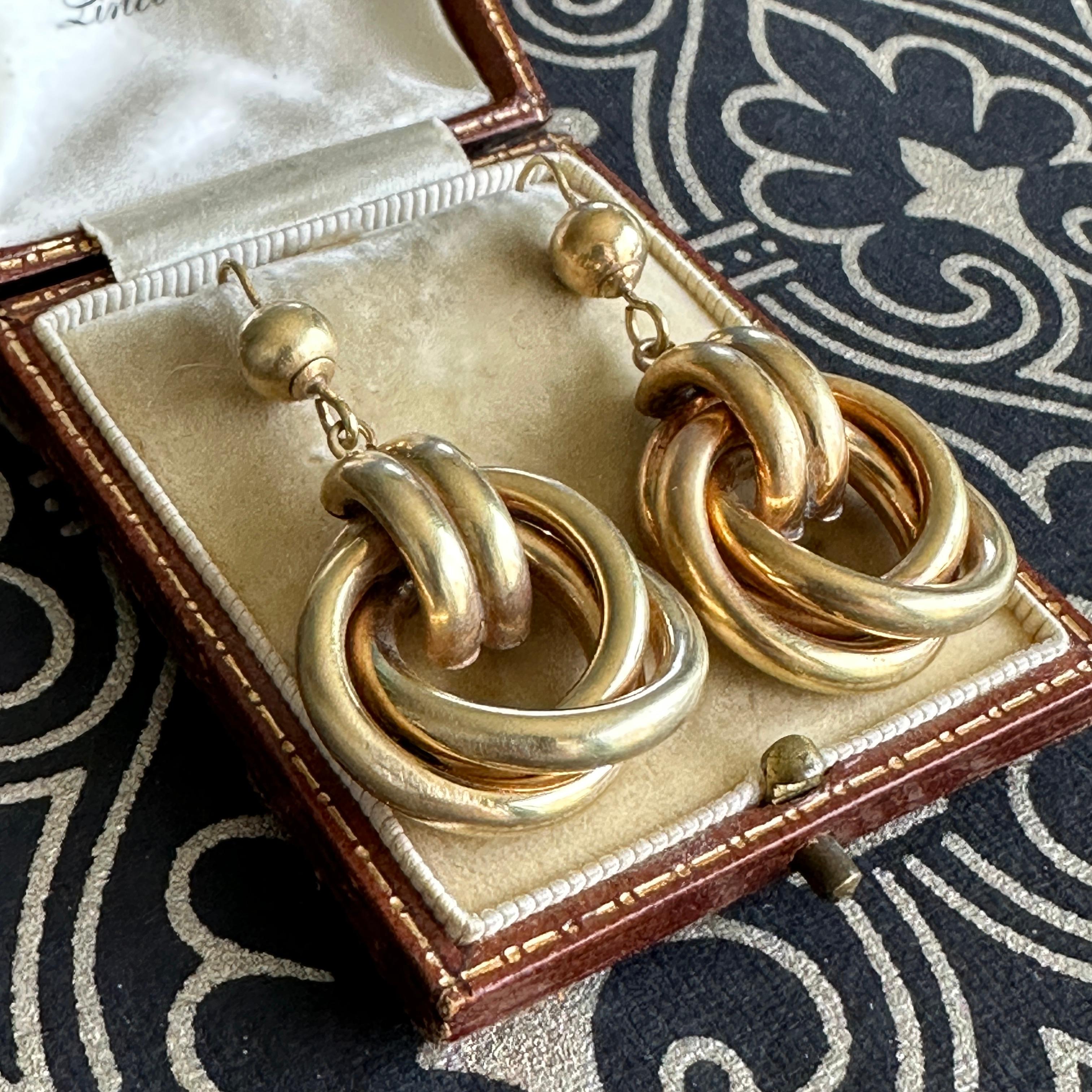 Vintage Double Loop 9K Yellow Gold Earrings For Sale 2