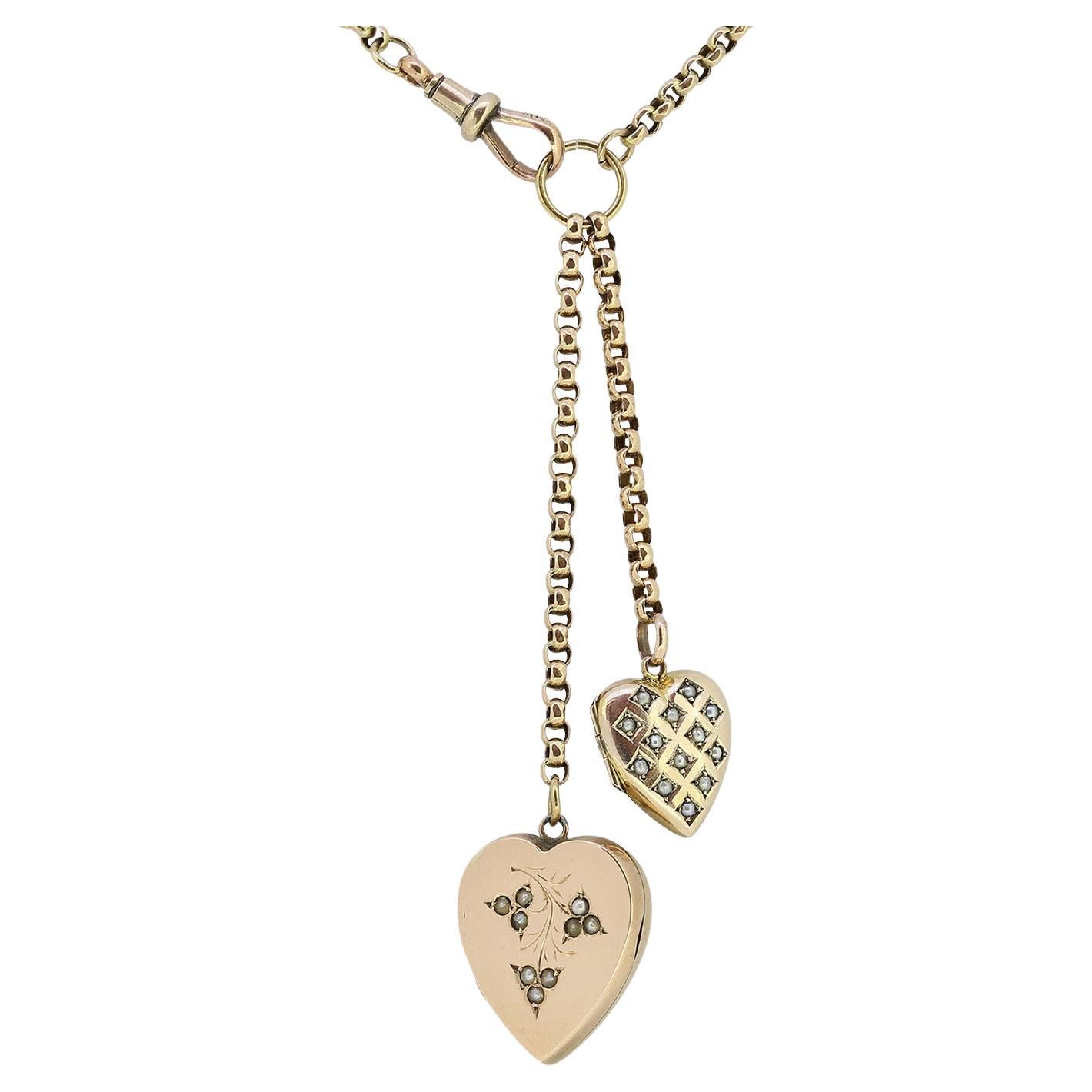 Vintage Double Love Heart Charm Necklace For Sale