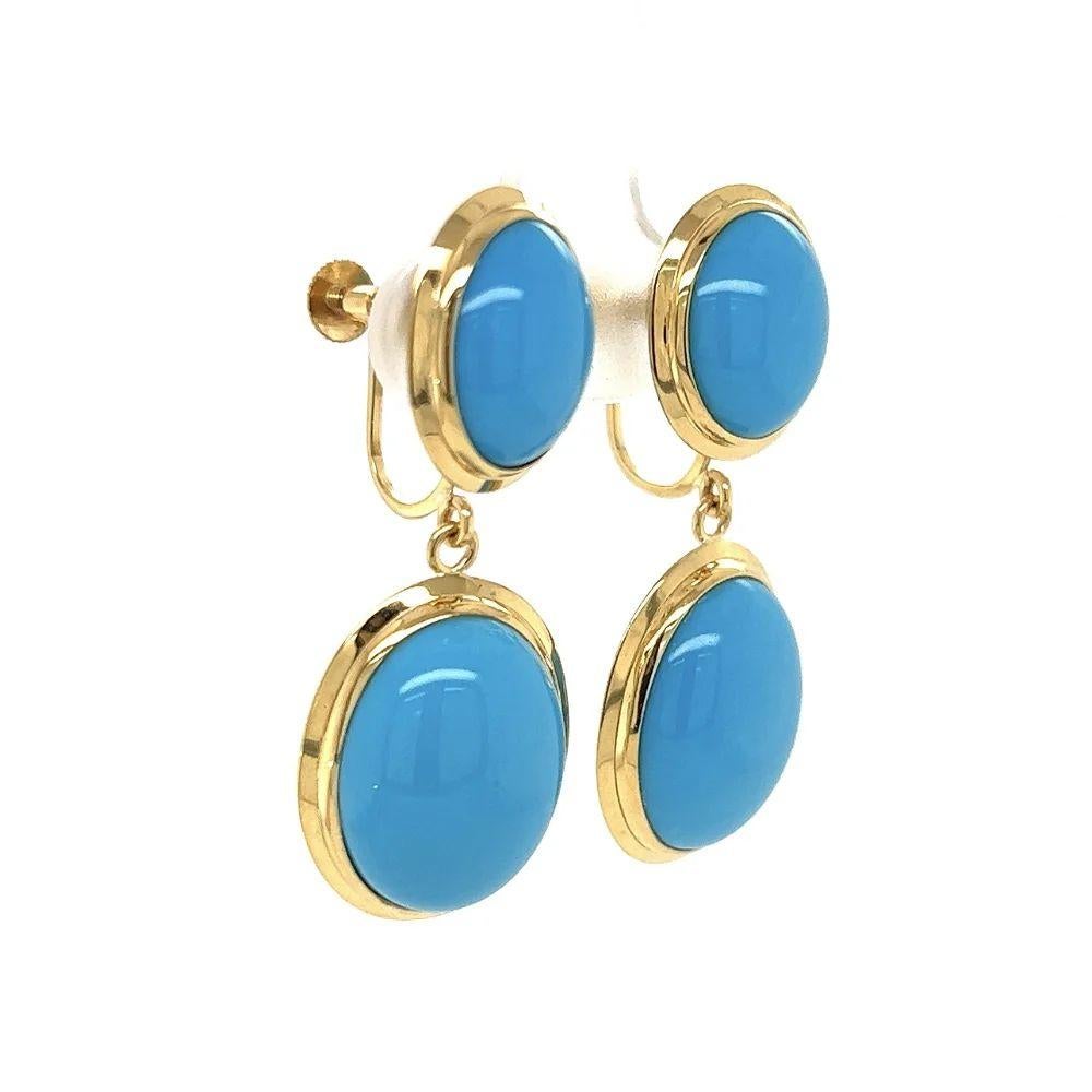 Simply Beautiful! Finely detailed Vintage Oval Turquoise Gold Drop Earrings. Suspending Hand Bezel set Double Drops, providing an amazing look! Measuring approx. 1.4