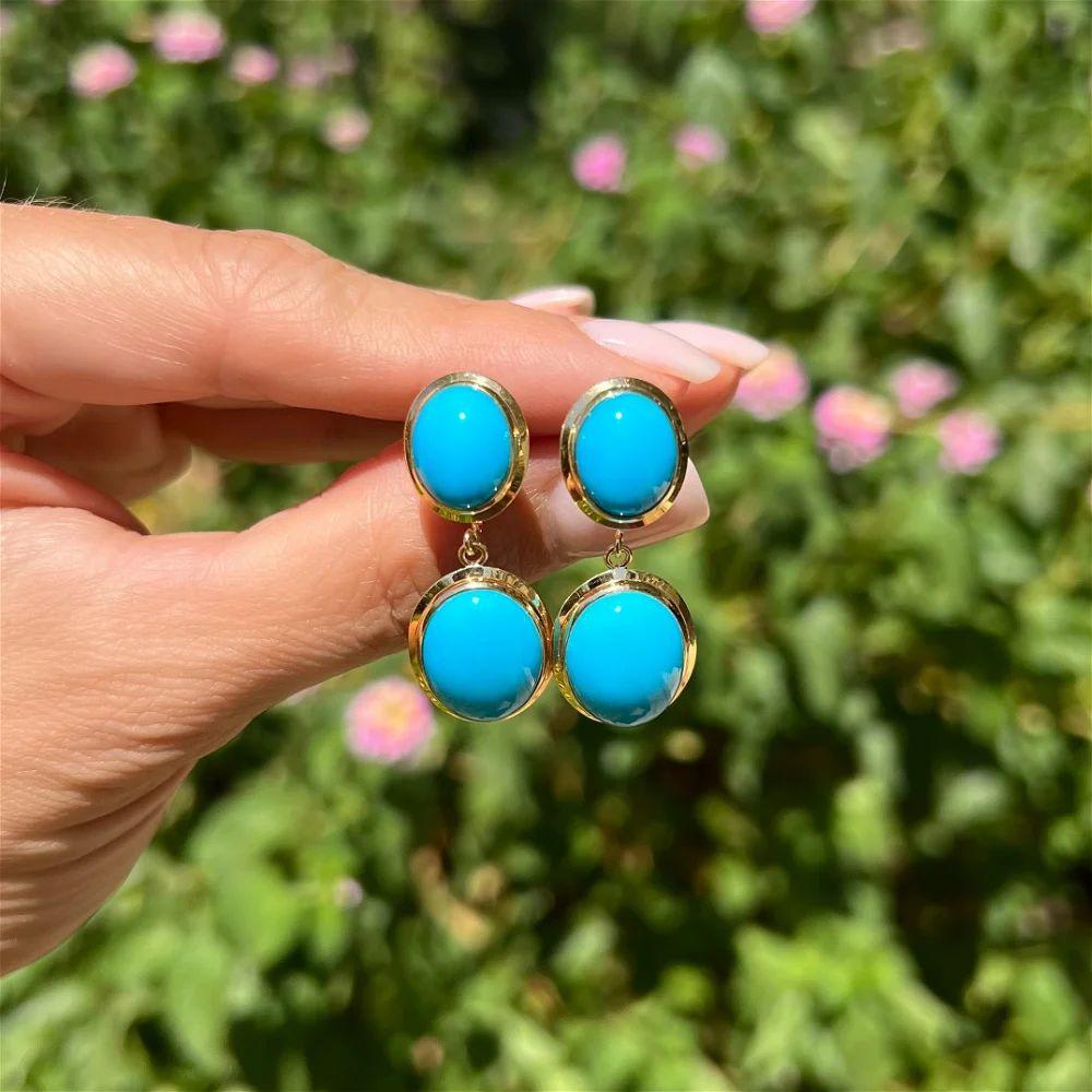 Modern Vintage Double Oval Turquoise Drop Gold Earrings For Sale