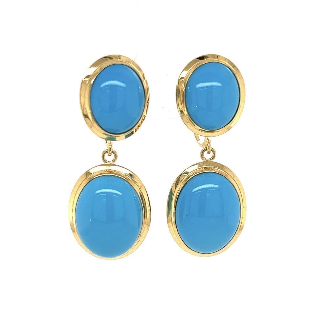Oval Cut Vintage Double Oval Turquoise Drop Gold Earrings For Sale