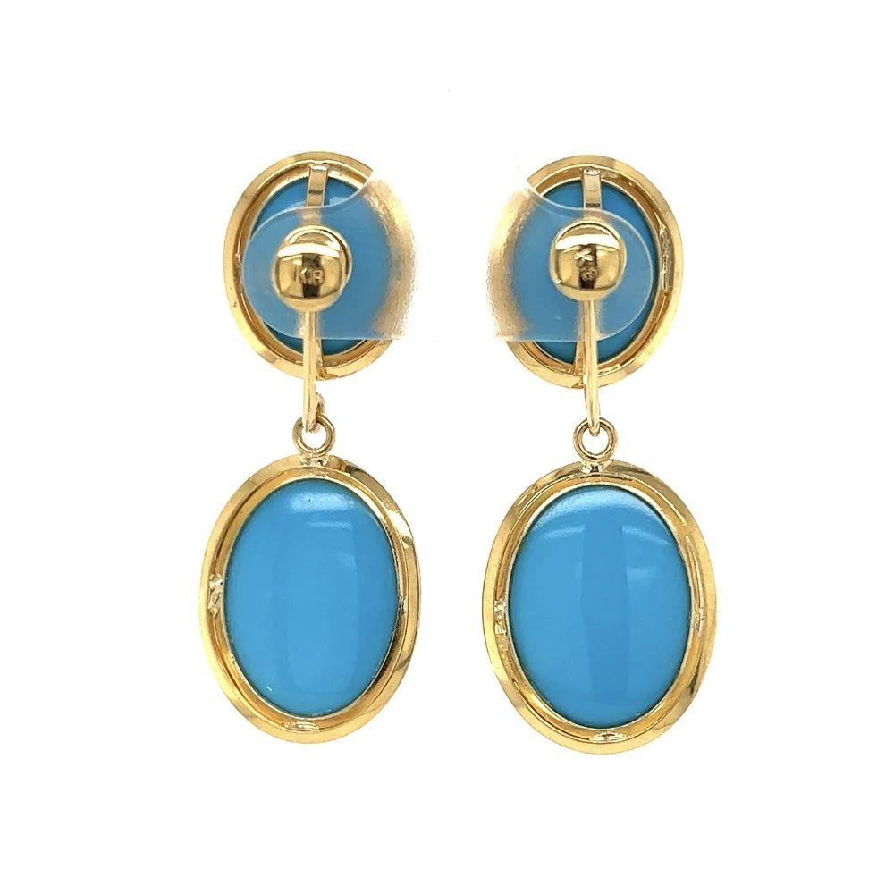 Vintage Double Oval Turquoise Drop Gold Earrings In Excellent Condition For Sale In Montreal, QC