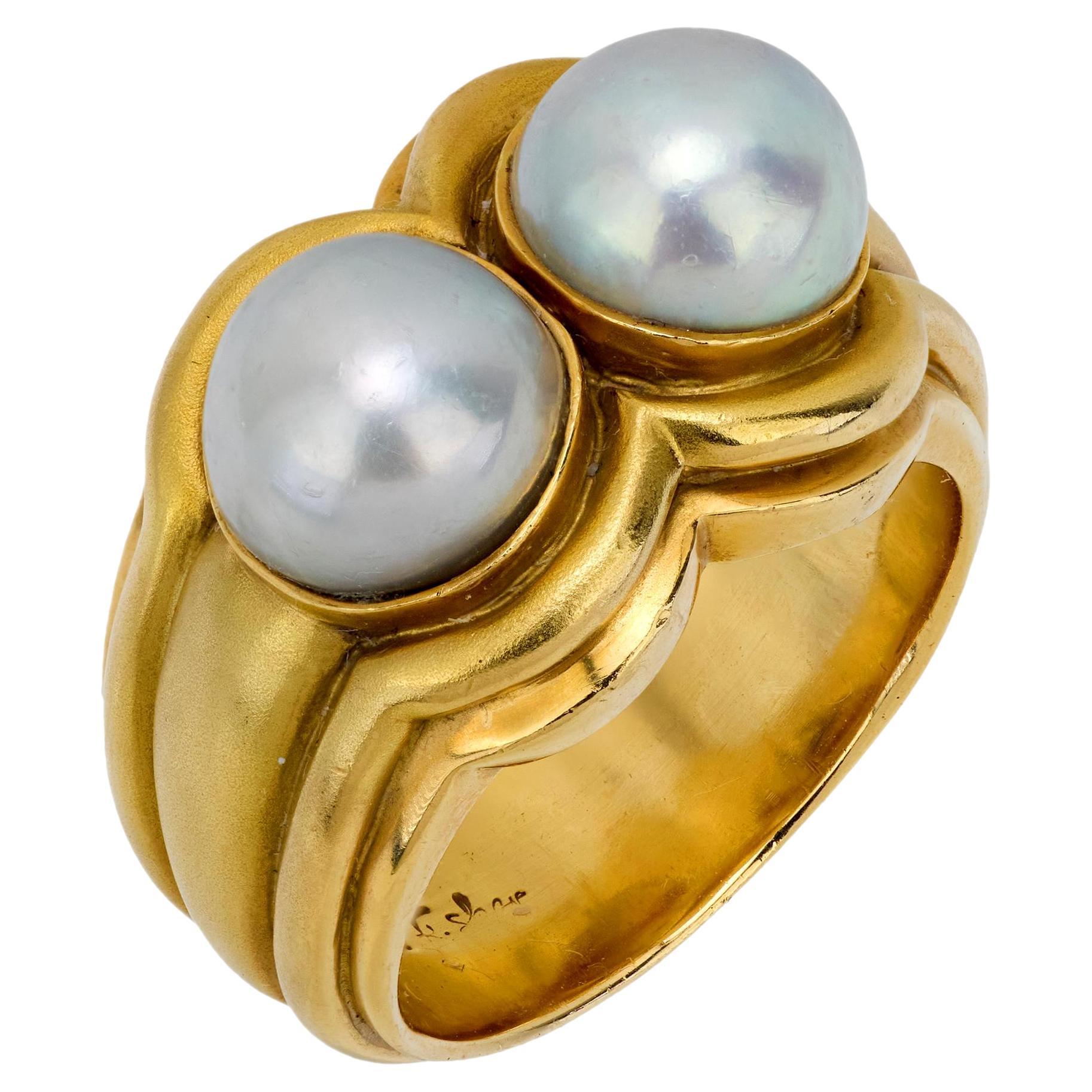 Vintage double pearl 18k yellow gold ring