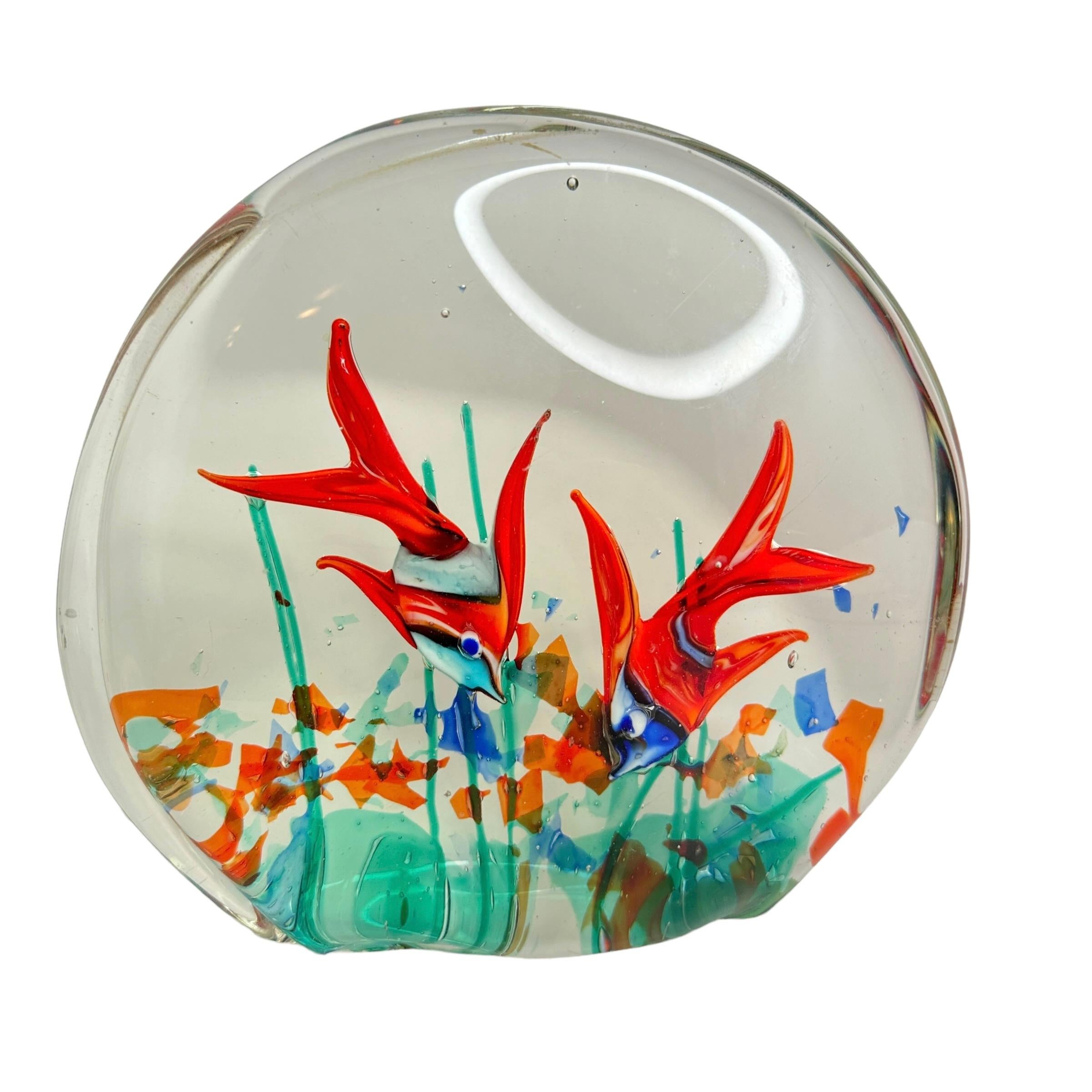 Beautiful Murano hand blown aquarium Italian art glass sculpture. Showing two fish in a reef. Colors are different shades of blue, red, green and clear. Created in the manner of designer Riccardo Licata. The fish are sandwiched in glass layers,